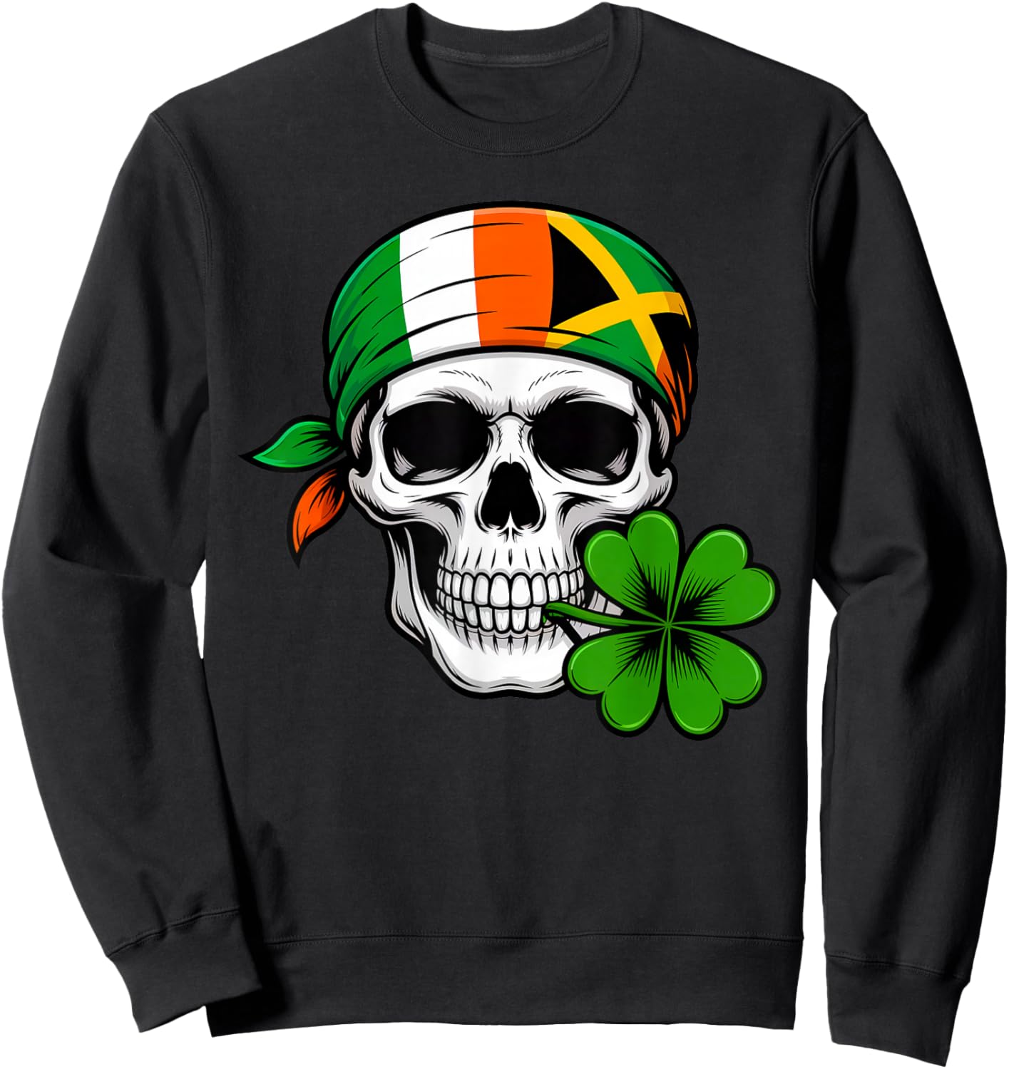 St Patrick's Day Irish Jamaican Skull Shamrock and Bandana Sweatshirt - Sweatshirt | Black