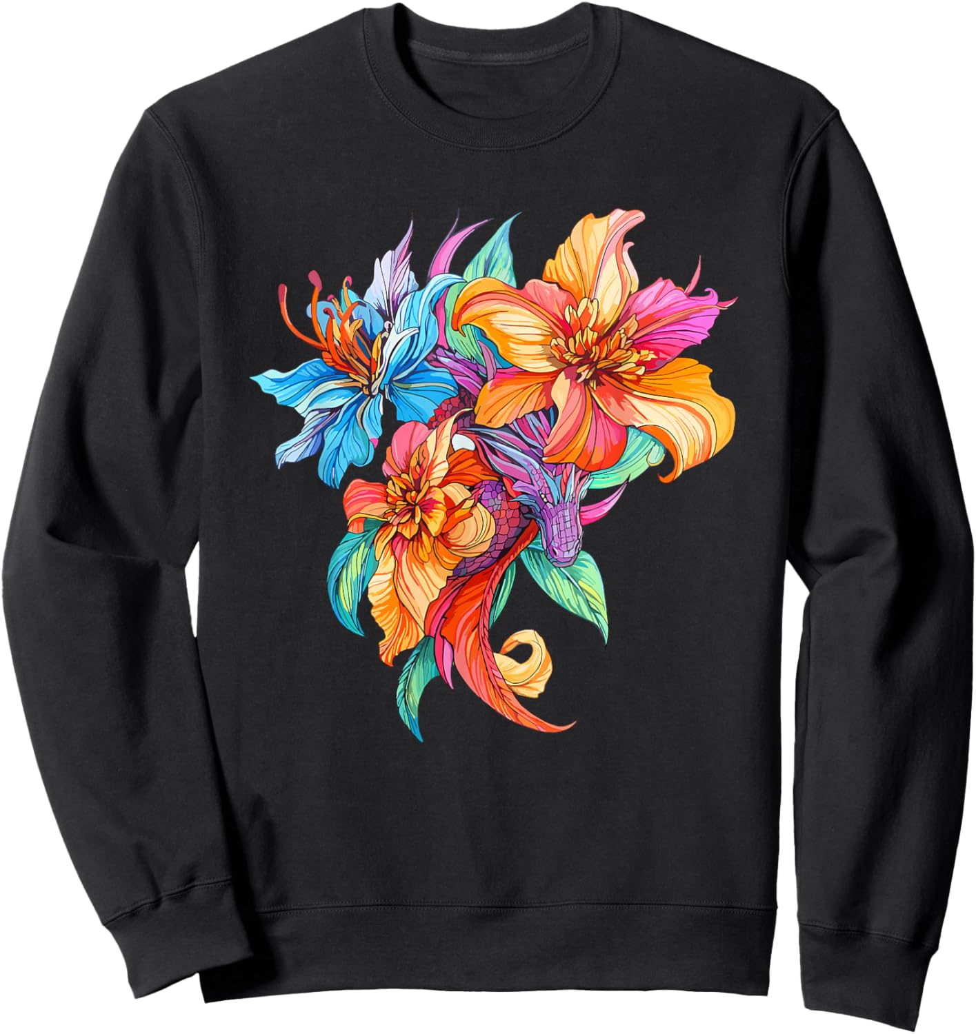 Colorful Dragon with Bright Fantasy Flowers Sweatshirt - Sweatshirt | Black