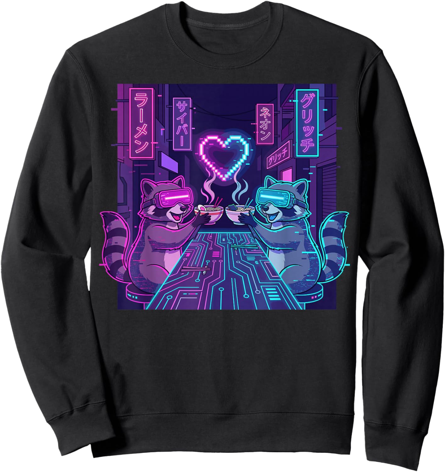 Cyberpunk Raccoon Ramen Valentines Day Sweatshirt - Sweatshirt | Black