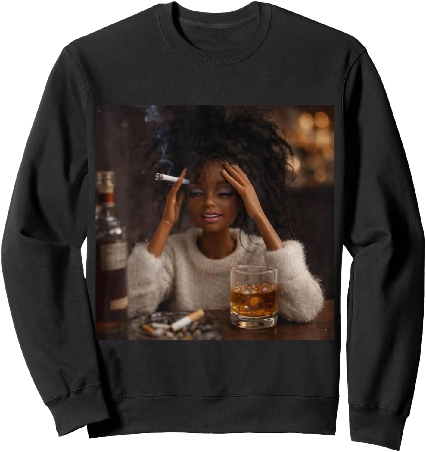 Funny Distressed Doll Face Meme Smoking Sarcastic Humor Gift Sweatshirt - Sweatshirt | Black