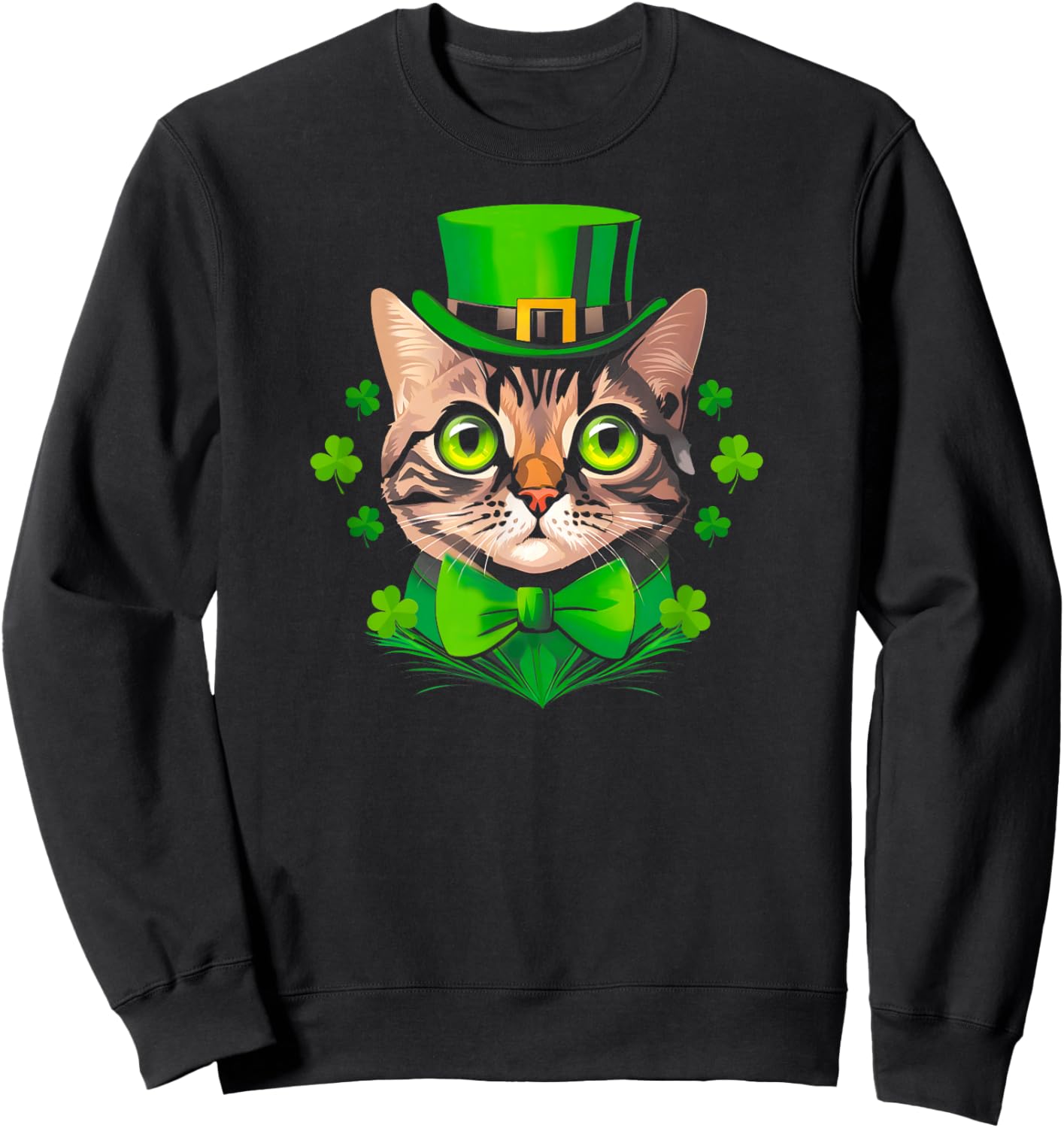 St Patricks Day Shamrock Cat Saint Pattys Women Girls Kids Sweatshirt - Sweatshirt | Black