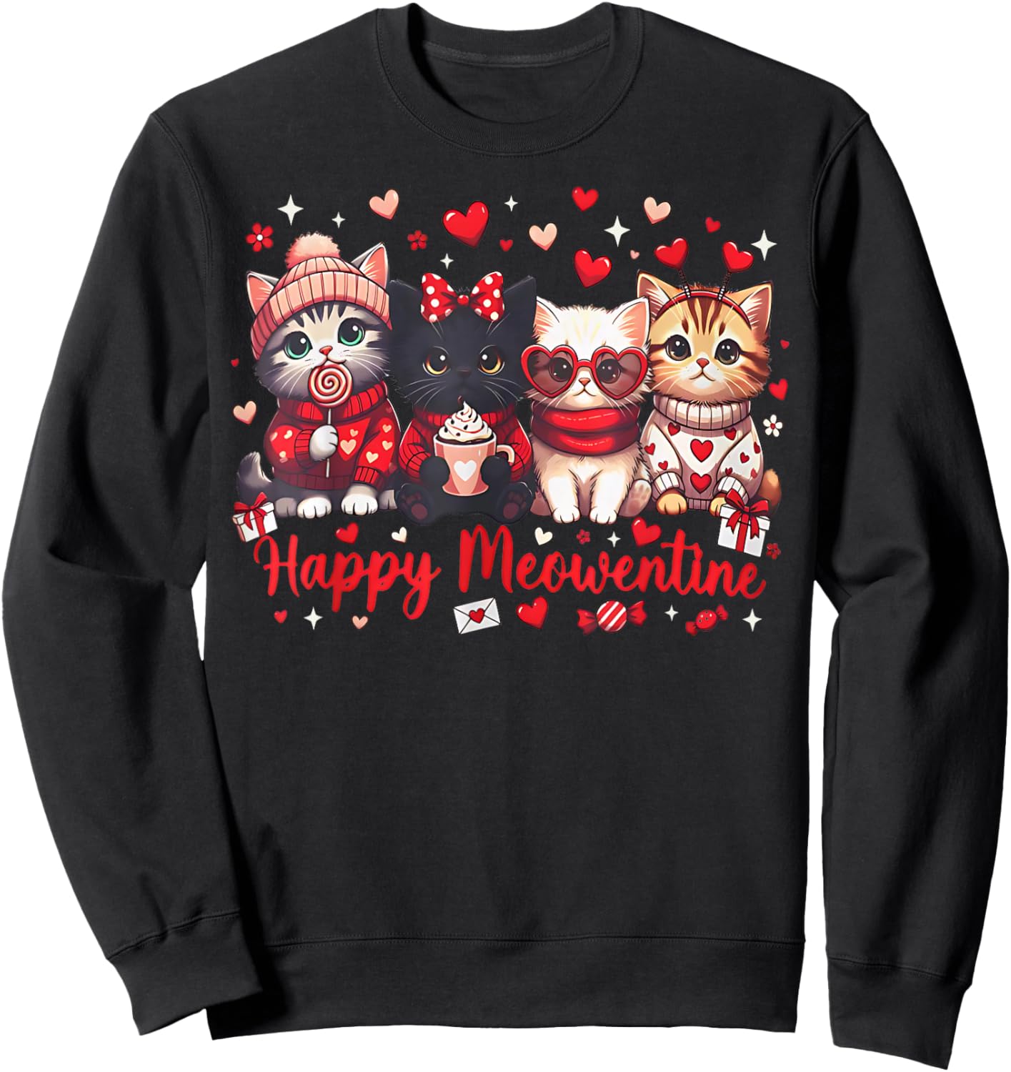 Happy Meowentines Cute Valentine Cat Lovers Girls Women Kid Sweatshirt - Sweatshirt | Black