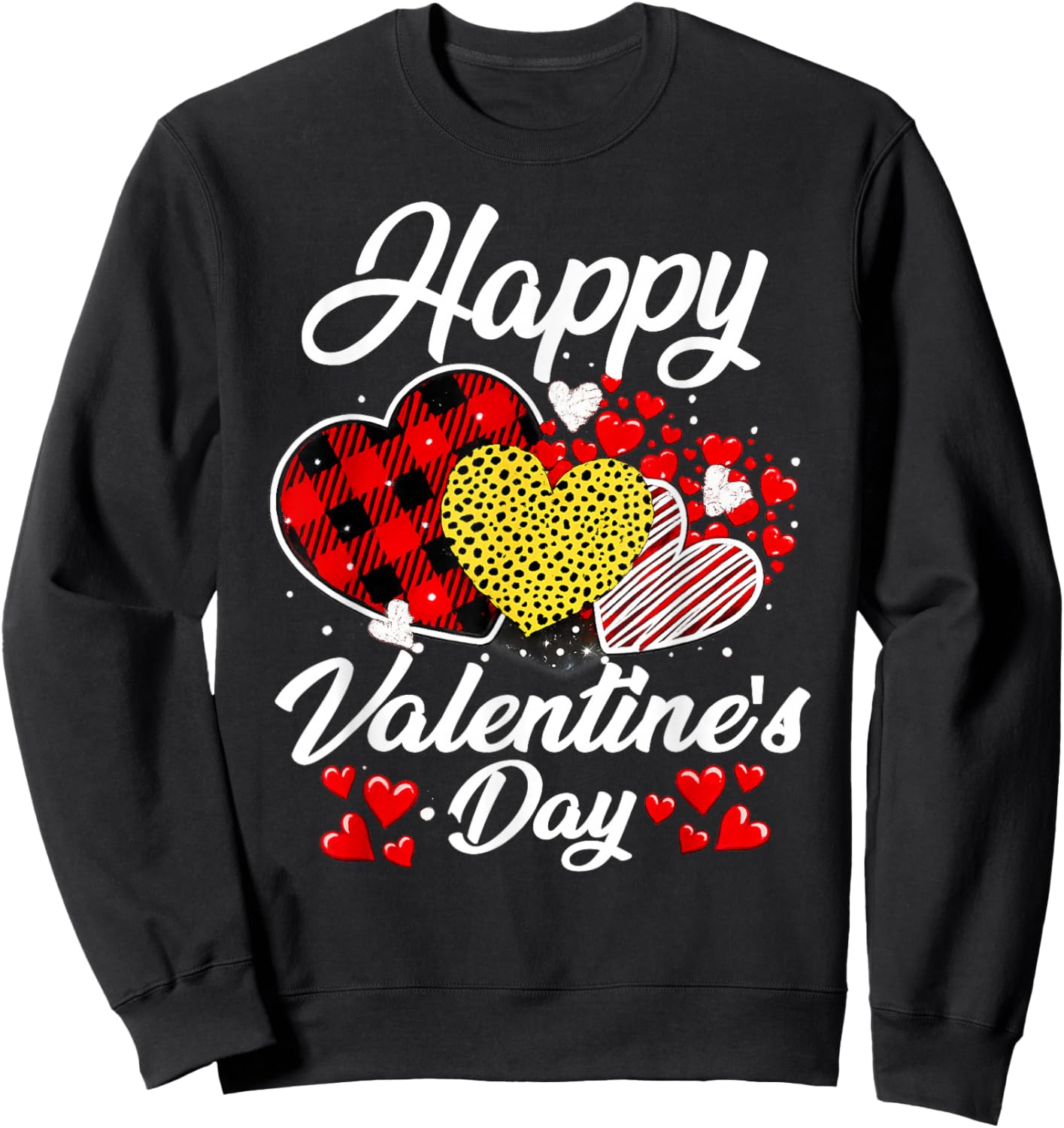 Happy Valentine's Day Hearts with Leopard Plaid Valentine Sweatshirt - Sweatshirt | Black