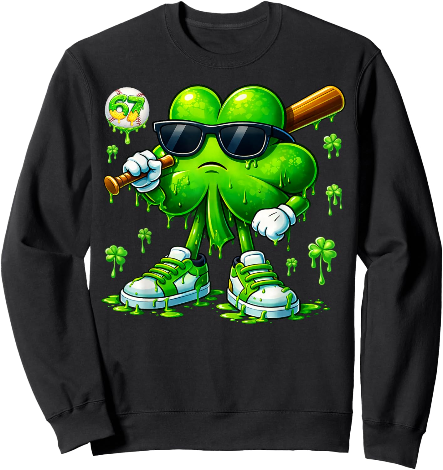 Funny Dripping Drip Shamrock Baseball St Patrick Men Boy Kid Sweatshirt - Sweatshirt | Black