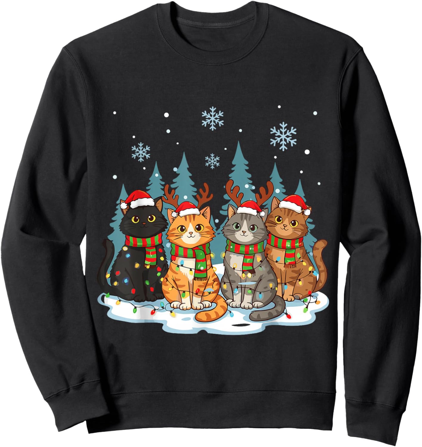 Cute Christmas Cats Funny Holiday Kitten Lights Sant Sweatshirt - Sweatshirt | Black