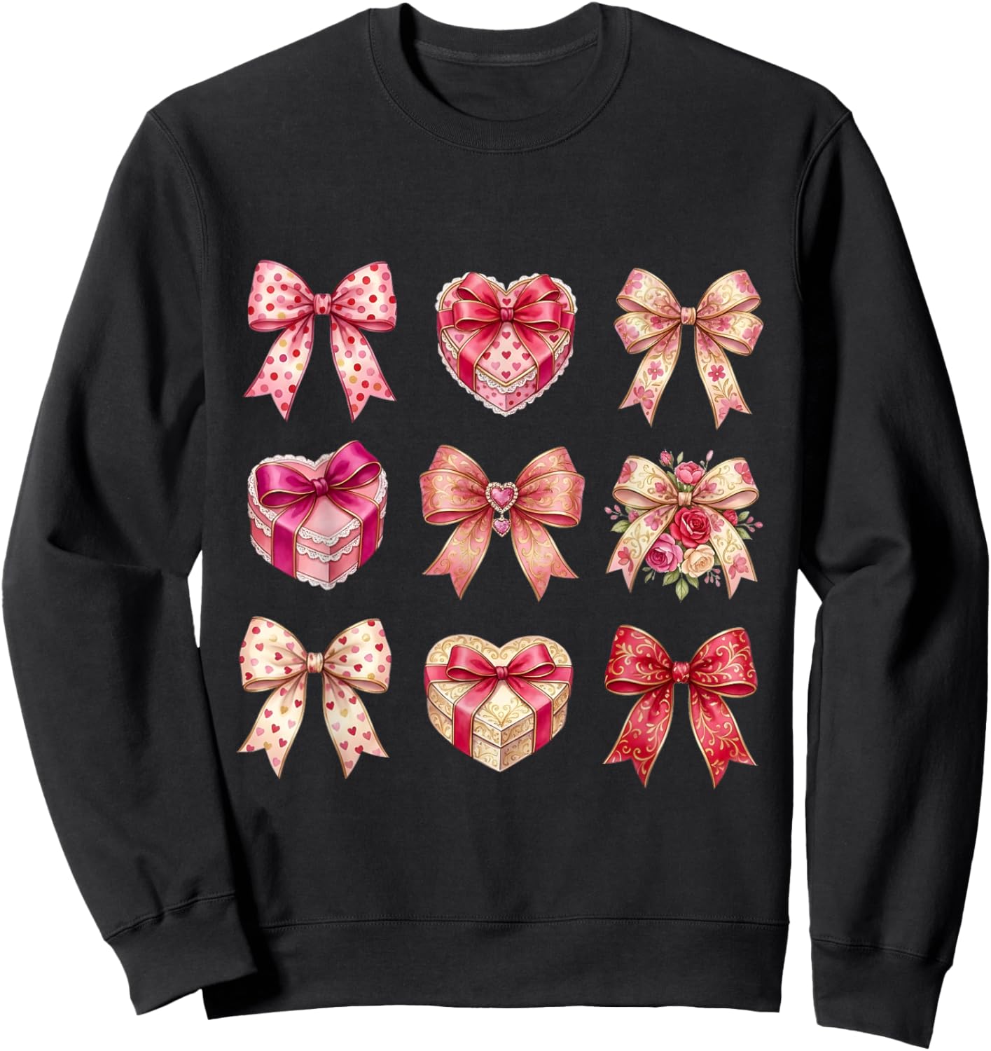 Valentines Day Hearts Coquette Bow Women Girls Boys Sweatshirt - Sweatshirt | Black