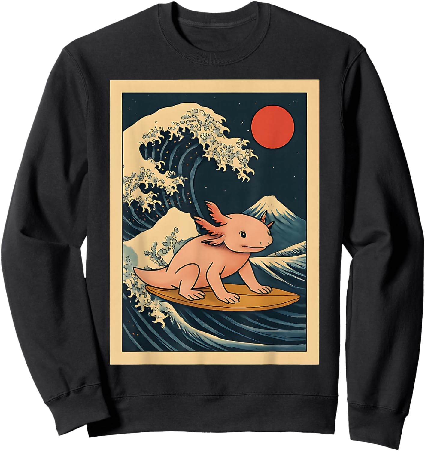 Japanese Kanagawa Surfing Axolotl Funny Ocean Wave Art Sweatshirt - Sweatshirt | Black