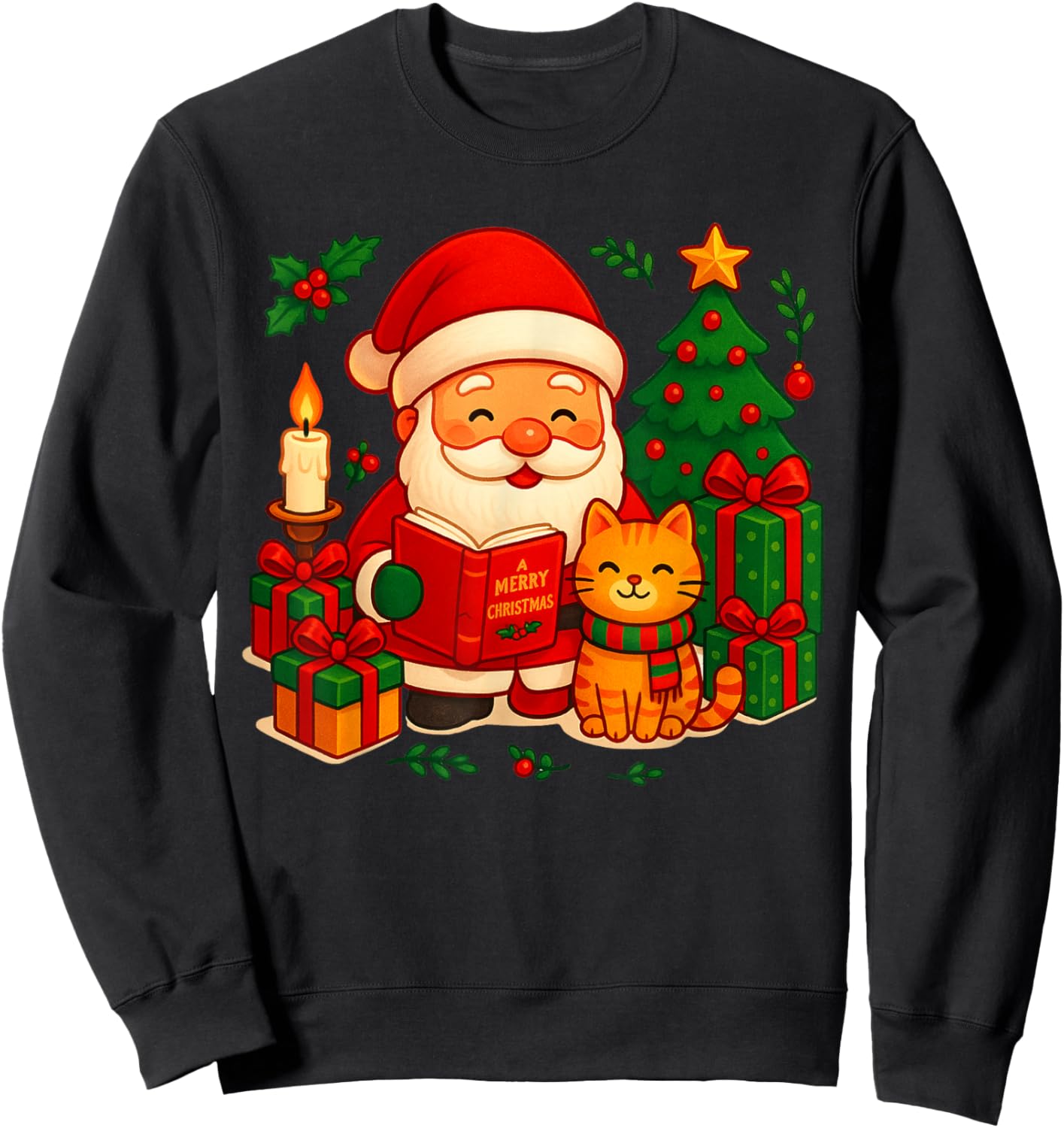 Santa Reading Book Cute Cat Christmas Xmas Women Girls Kids Sweatshirt - Sweatshirt | Black