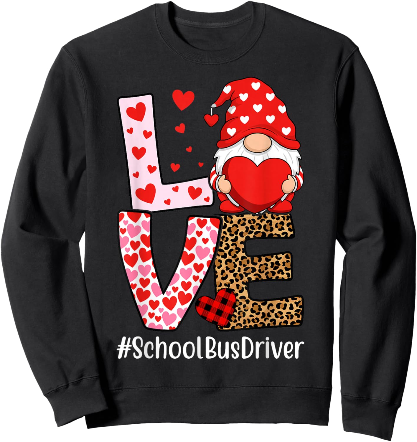 School Bus Driver Love Gnome Heart Valentine's Day Sweatshirt - Sweatshirt | Black