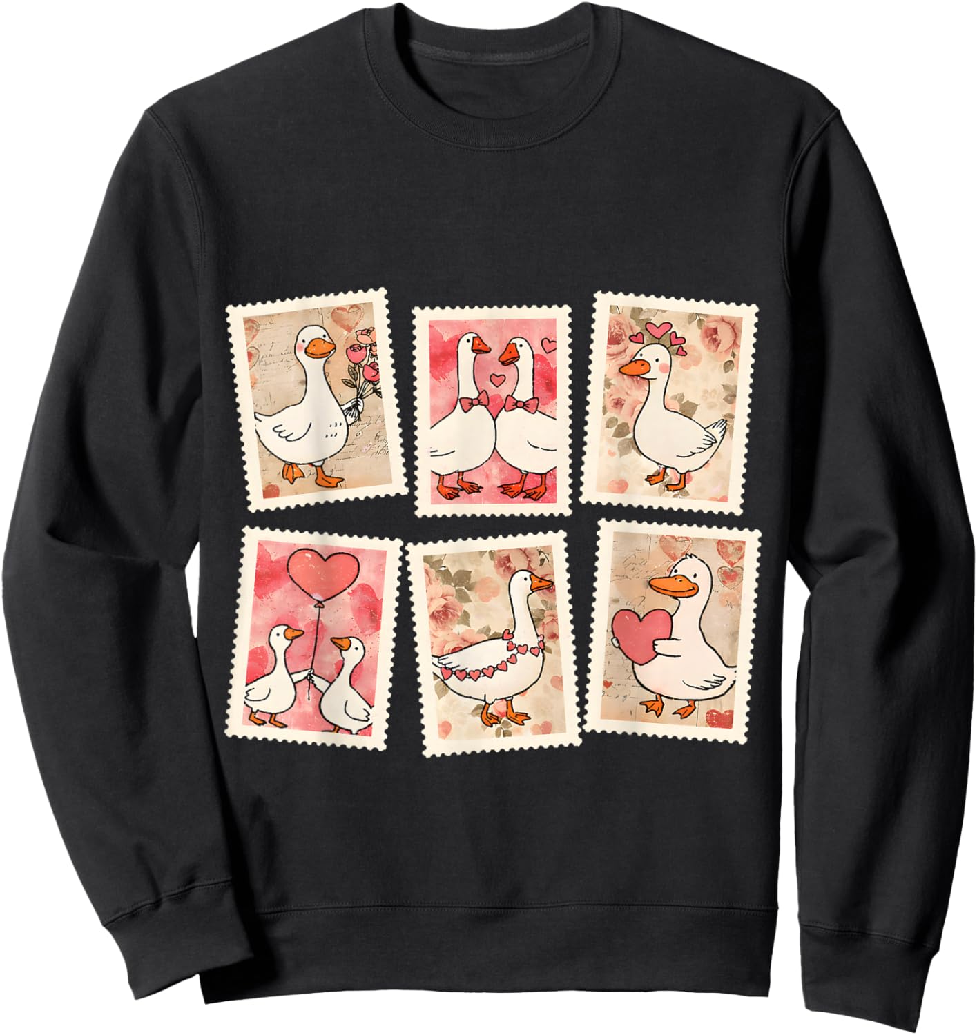 Vintage Valentine Goose XOXO Be Mine Love Stamps Silly Goose Sweatshirt - Sweatshirt | Black