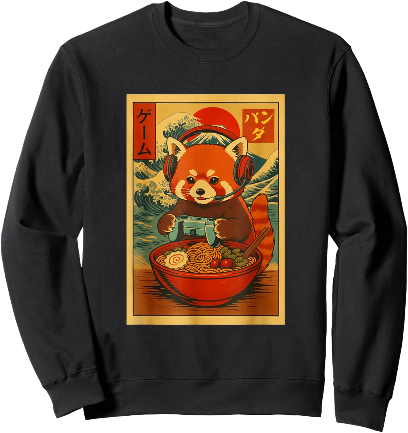 Red Panda Gaming Ramen Japanese Ukiyo-e Great Wave Retro Art Sweatshirt - Sweatshirt | Black