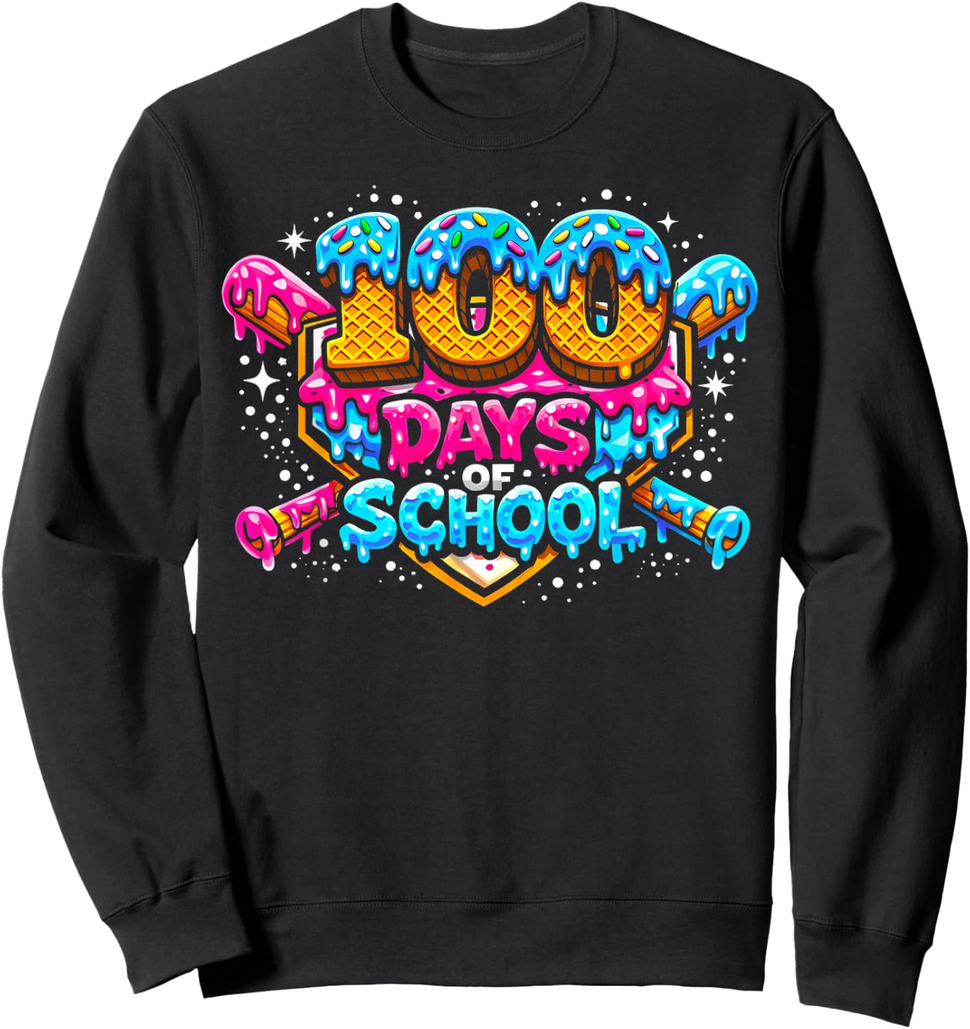 100 Days of School Baseball Drip Ice Cream Costume Teachers Sweatshirt - Sweatshirt | Black