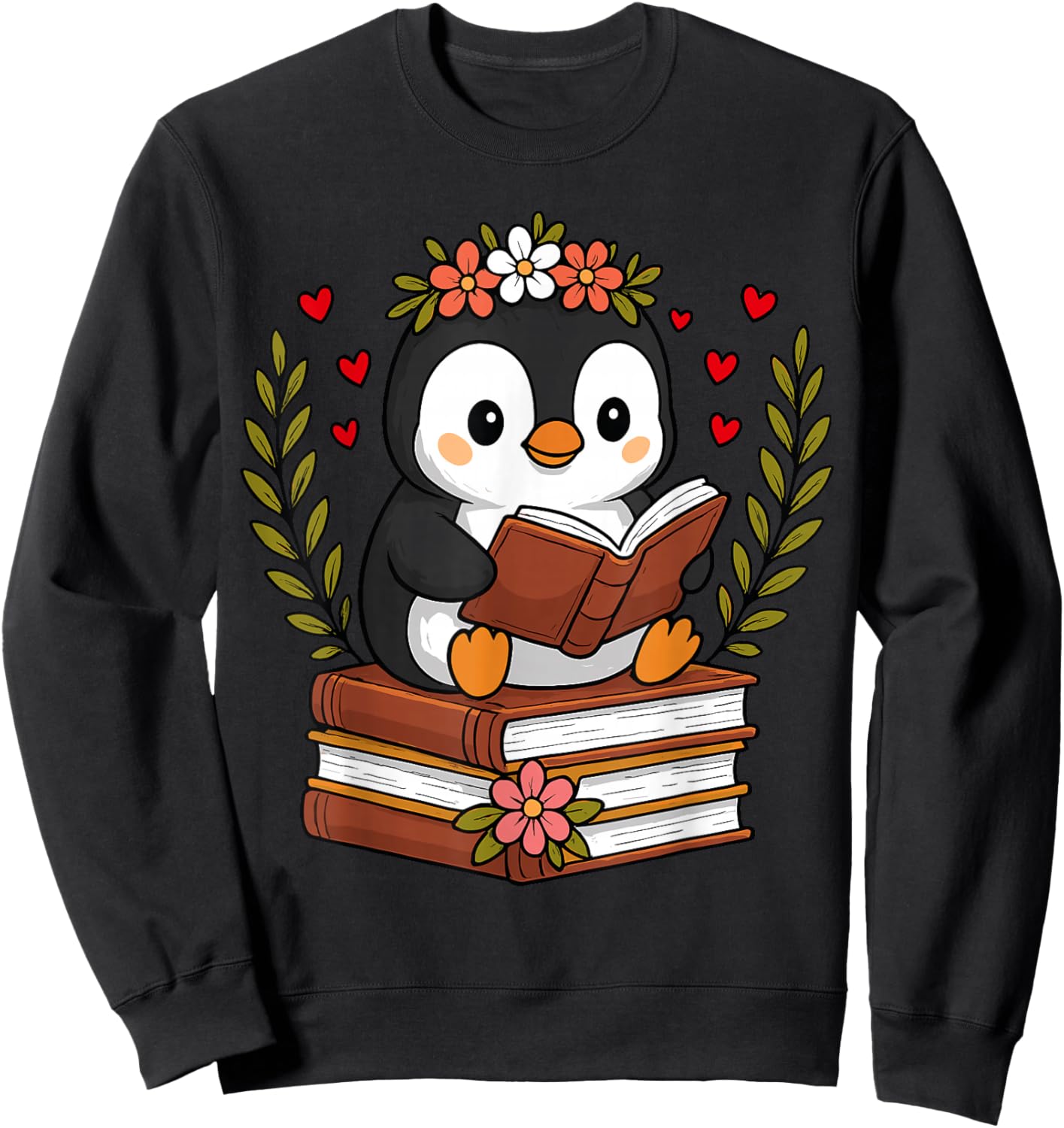Penguin Reading Book Graphic Penguin with Book Floral Sweatshirt - Sweatshirt | Black