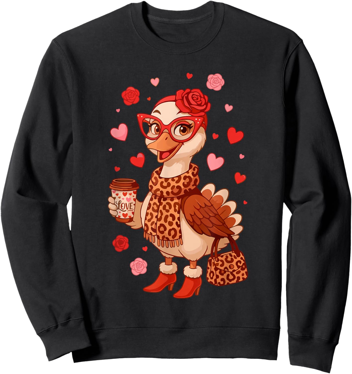 Valentine Goose Leopard Heart Retro Sweatshirt - Sweatshirt | Black