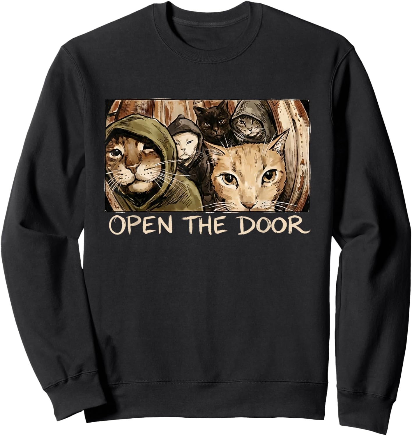 Vintage Open The Door Funny Meme Gang Sarcastic Cat Lover Sweatshirt - Sweatshirt | Black