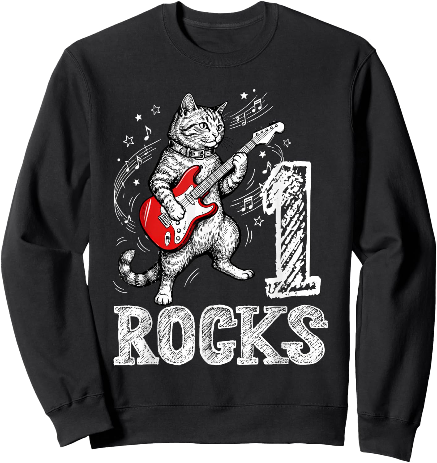 Funny Cat Playing Guitar 1 Rocks 1st Birthday Kids Gift Sweatshirt - Sweatshirt | Black