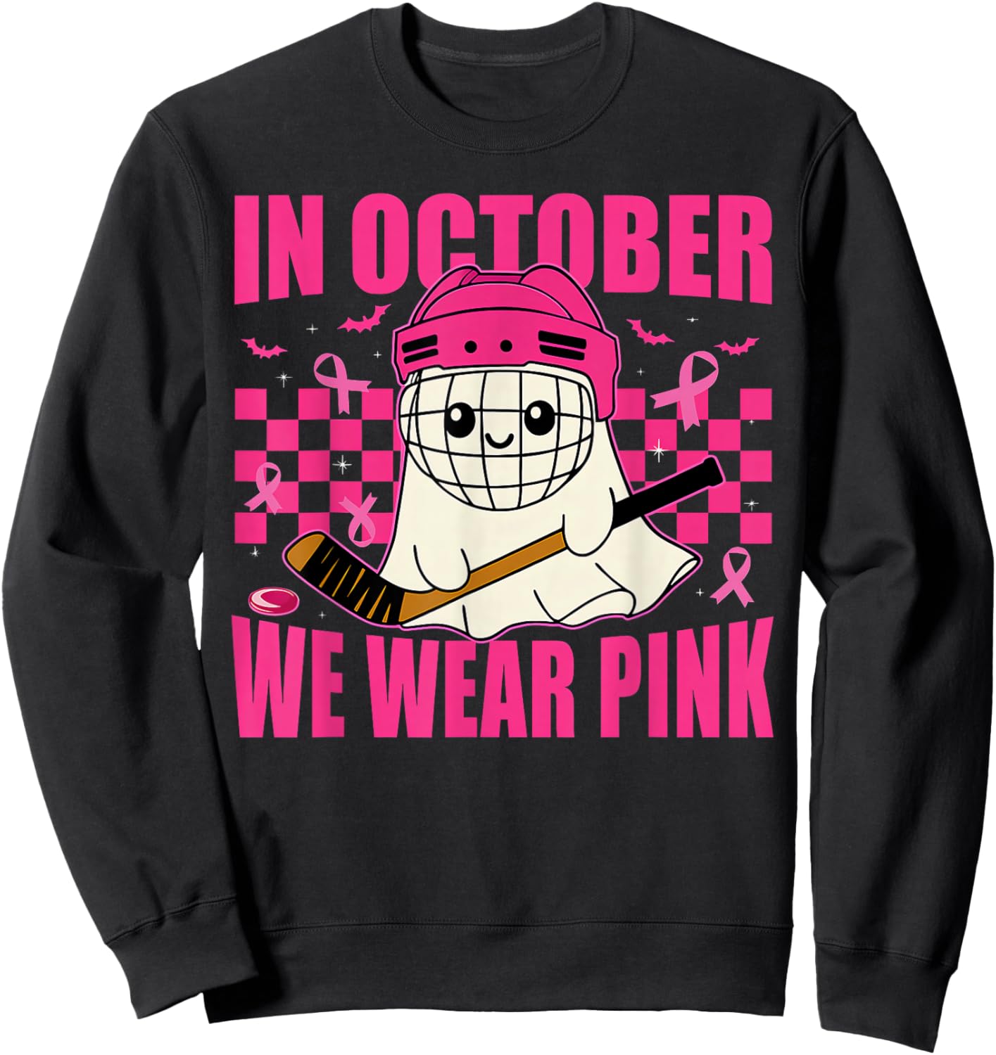 in October We Wear Pink Hockey Ghost Breast Cancer Awareness Sweatshirt - Sweatshirt | Black