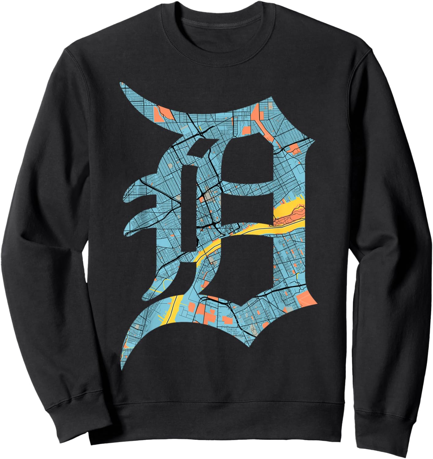 Distressed Detroit D Logo Lettering Road Map Native Design Sweatshirt - Sweatshirt | Black
