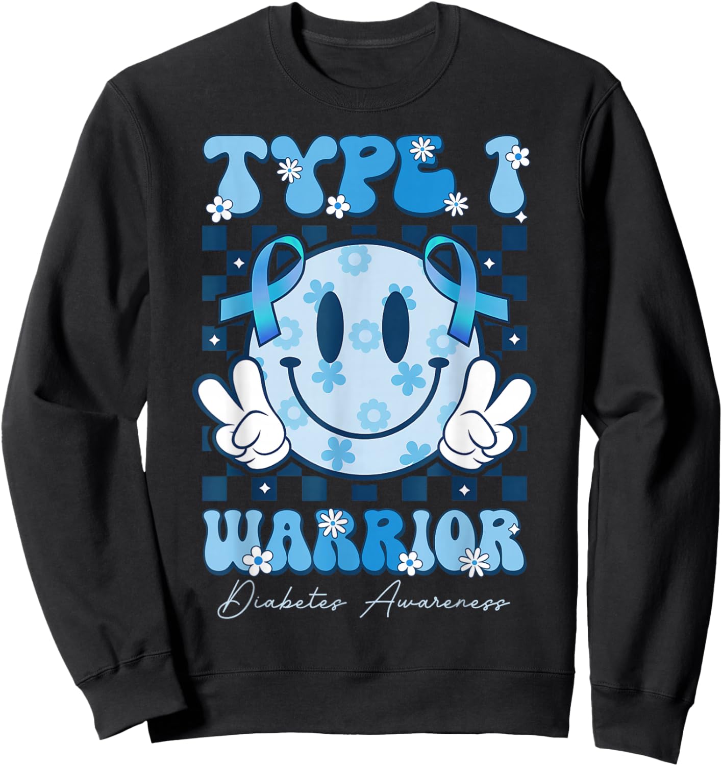 T1D Warrior Type 1 Diabetes Awareness Blue Ribbon Cute Face Sweatshirt - Sweatshirt | Black