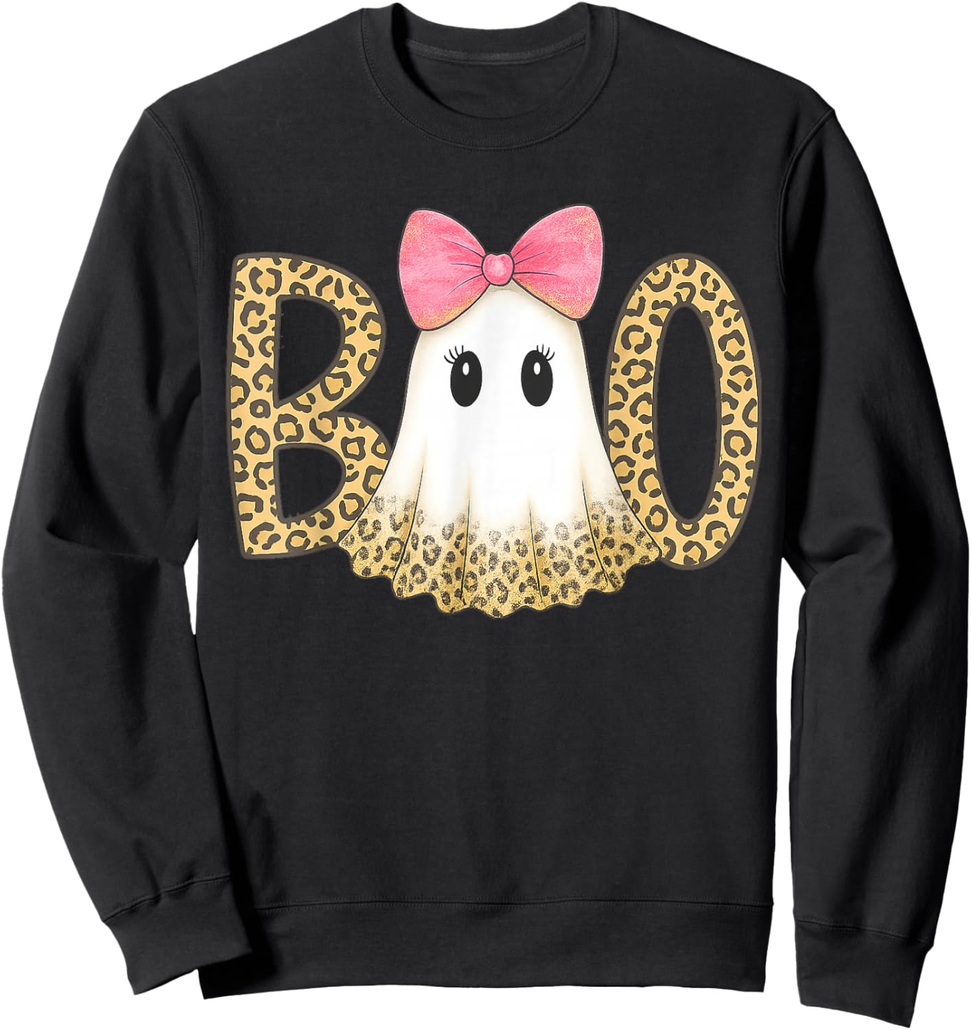 Cute Leopard Print Boo Ghost with Pink Bow Halloween Sweatshirt - Sweatshirt | Black