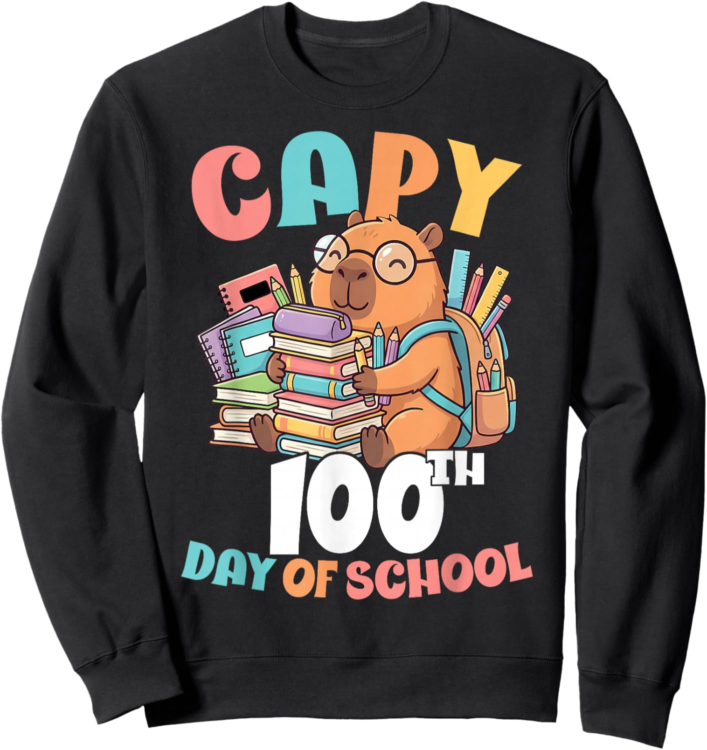 Capy 100th Day of School Capybara 100 Days of School Kids Sweatshirt - Sweatshirt | Black