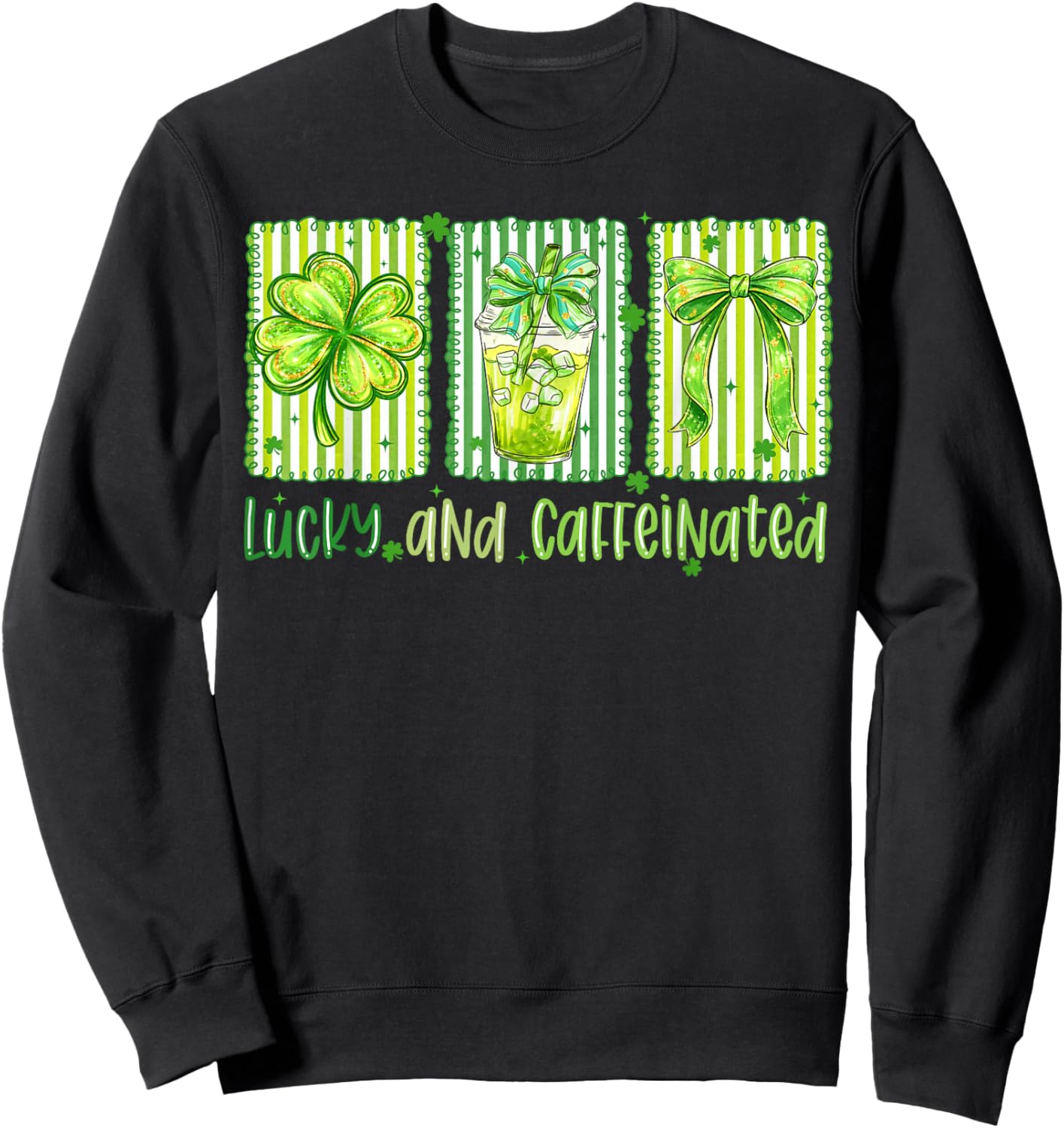 Lucky and Caffeinated St Patrick's Day Shamrock Bow Coffee Sweatshirt - Sweatshirt | Black