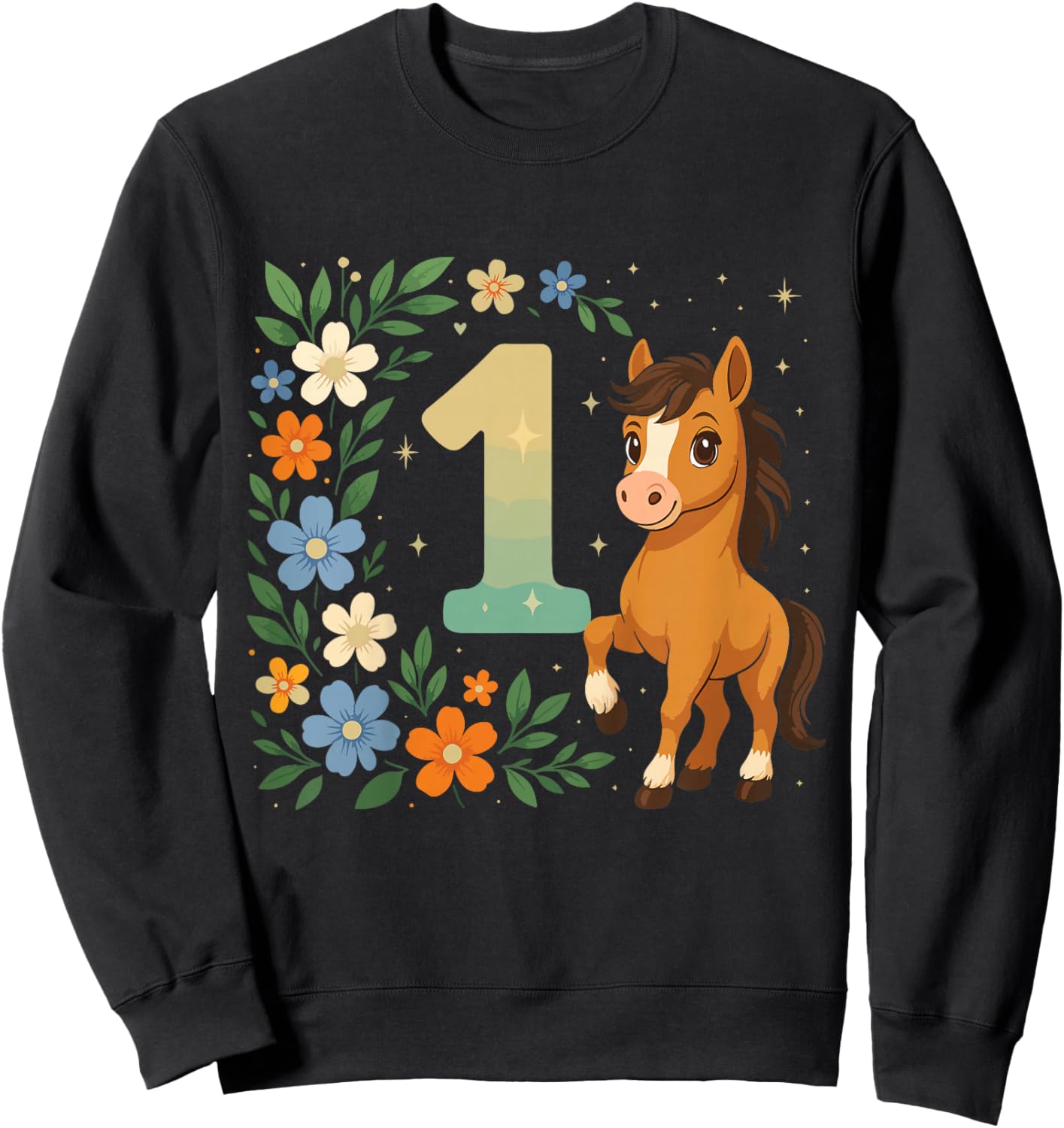 1st Birthday Girl Pony Horse Flowers 1 Year Old Sweatshirt - Sweatshirt | Black