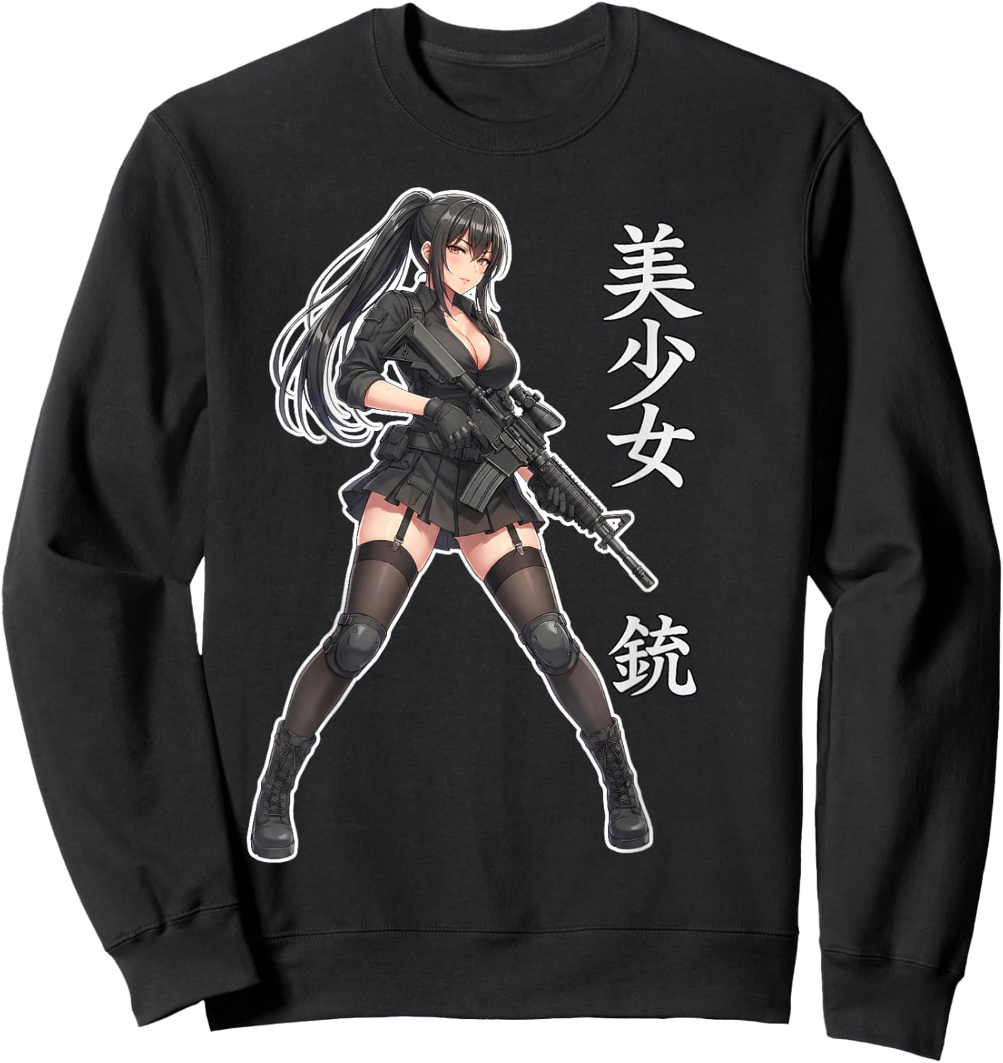 Cute Anime Waifu Girl with Gun Graphic Sweatshirt - Sweatshirt | Black