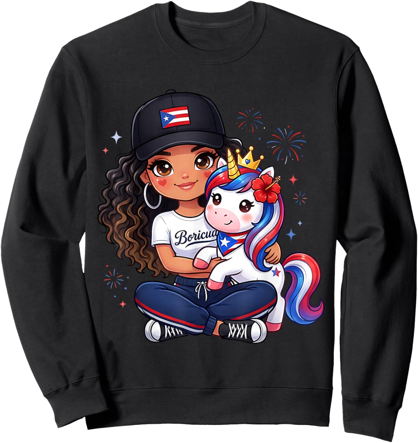 Girls Princess Unicorn Boricua Flag Toddler Puerto Rican Sweatshirt - Sweatshirt | Black