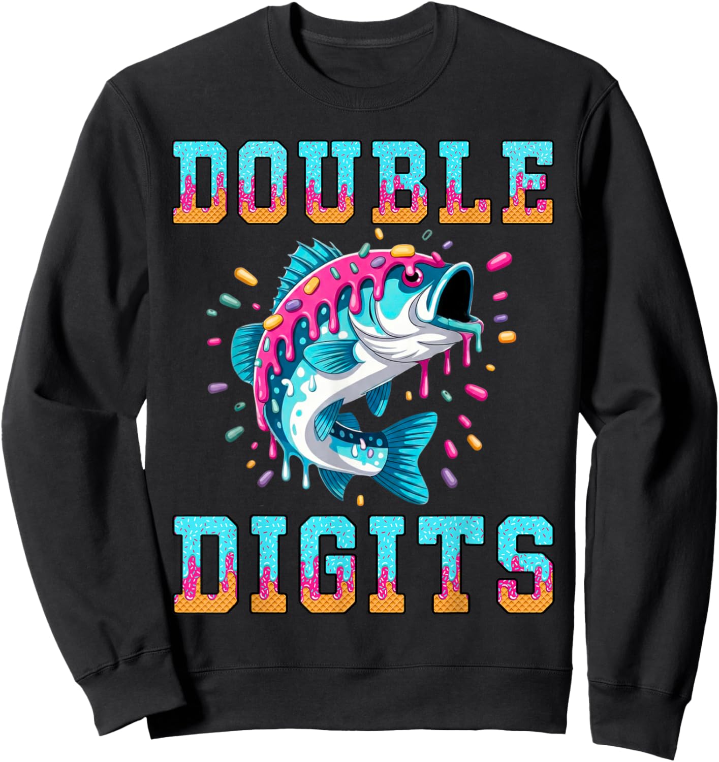 Fishing 10th Birthday Shirt Double Digits Ice Cream Drip Sweatshirt - Sweatshirt | Black
