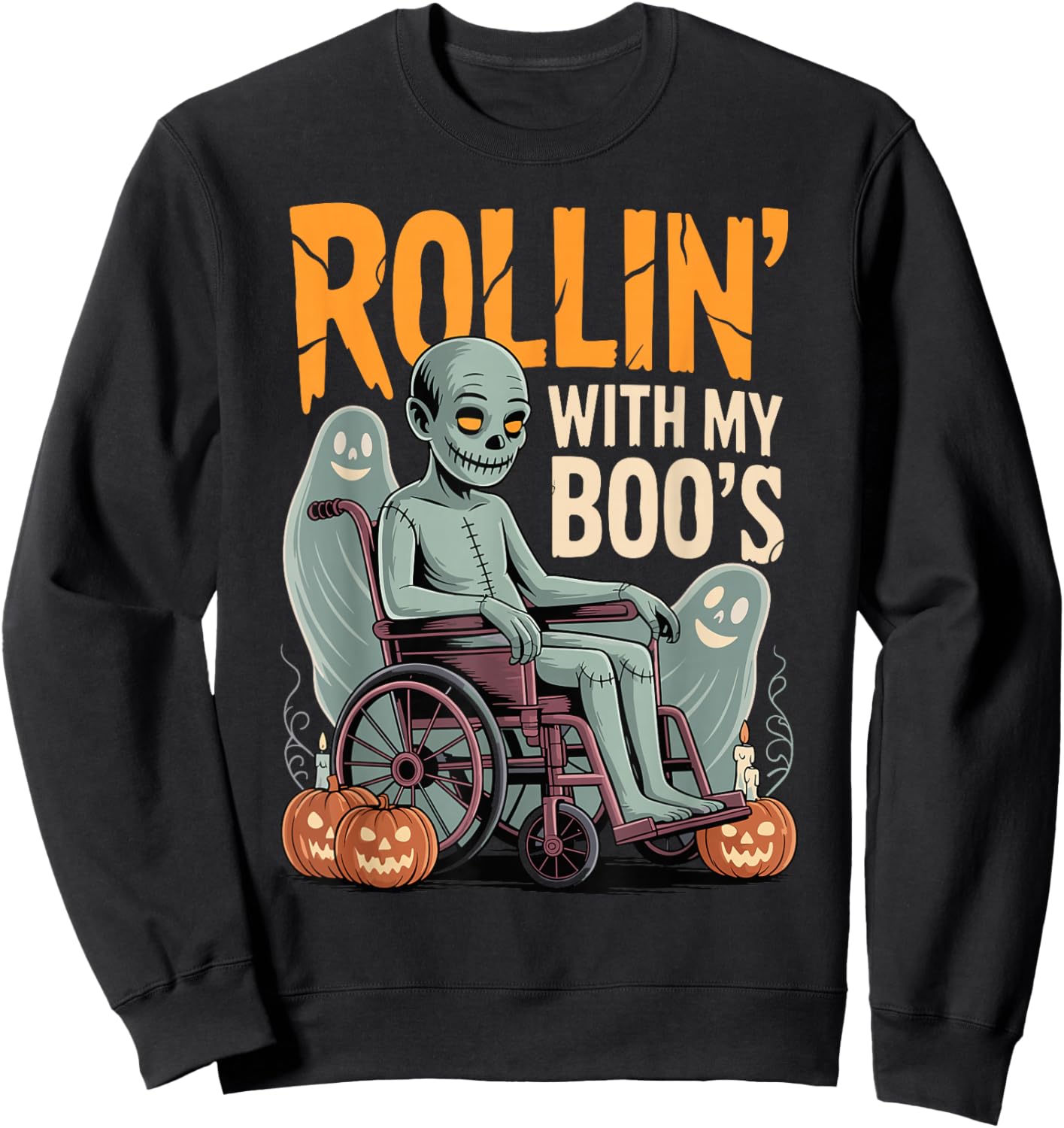 Halloween Wheelchair Costume Handicap Joke Rollin with Boo's Sweatshirt - Sweatshirt | Black