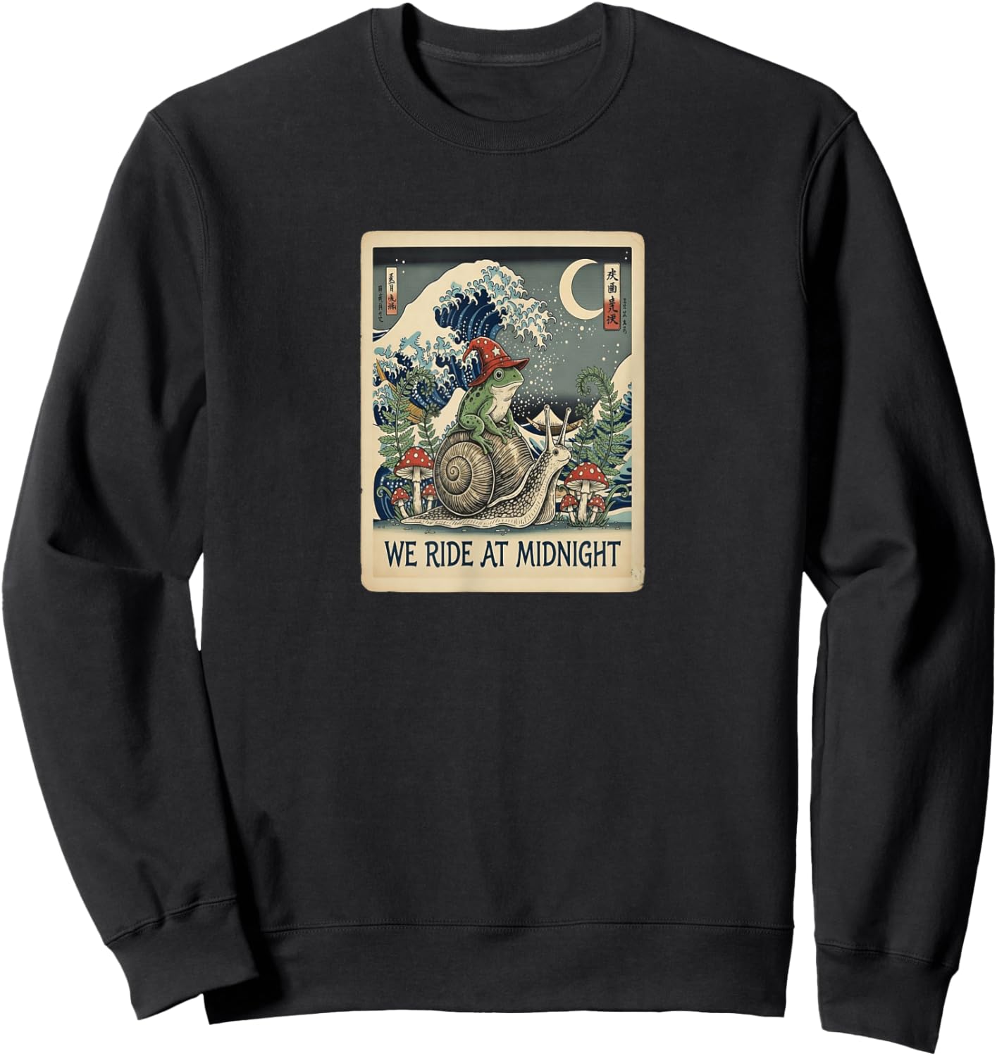 Japanese Aesthetic Frog Wizard Snail We Ride at Midnight Art Sweatshirt - Sweatshirt | Black