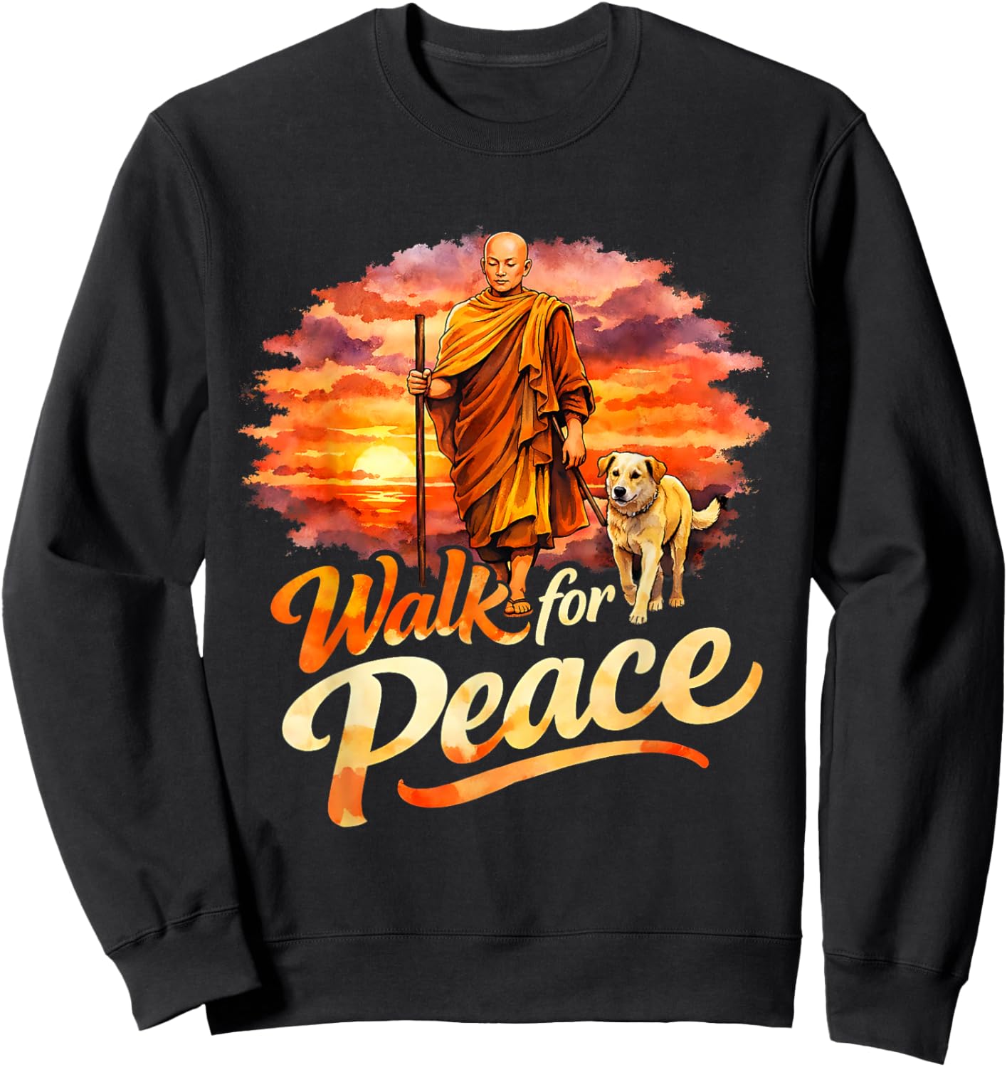 Walk for Peace Mindful Monk Spiritual Art Sweatshirt - Sweatshirt | Black