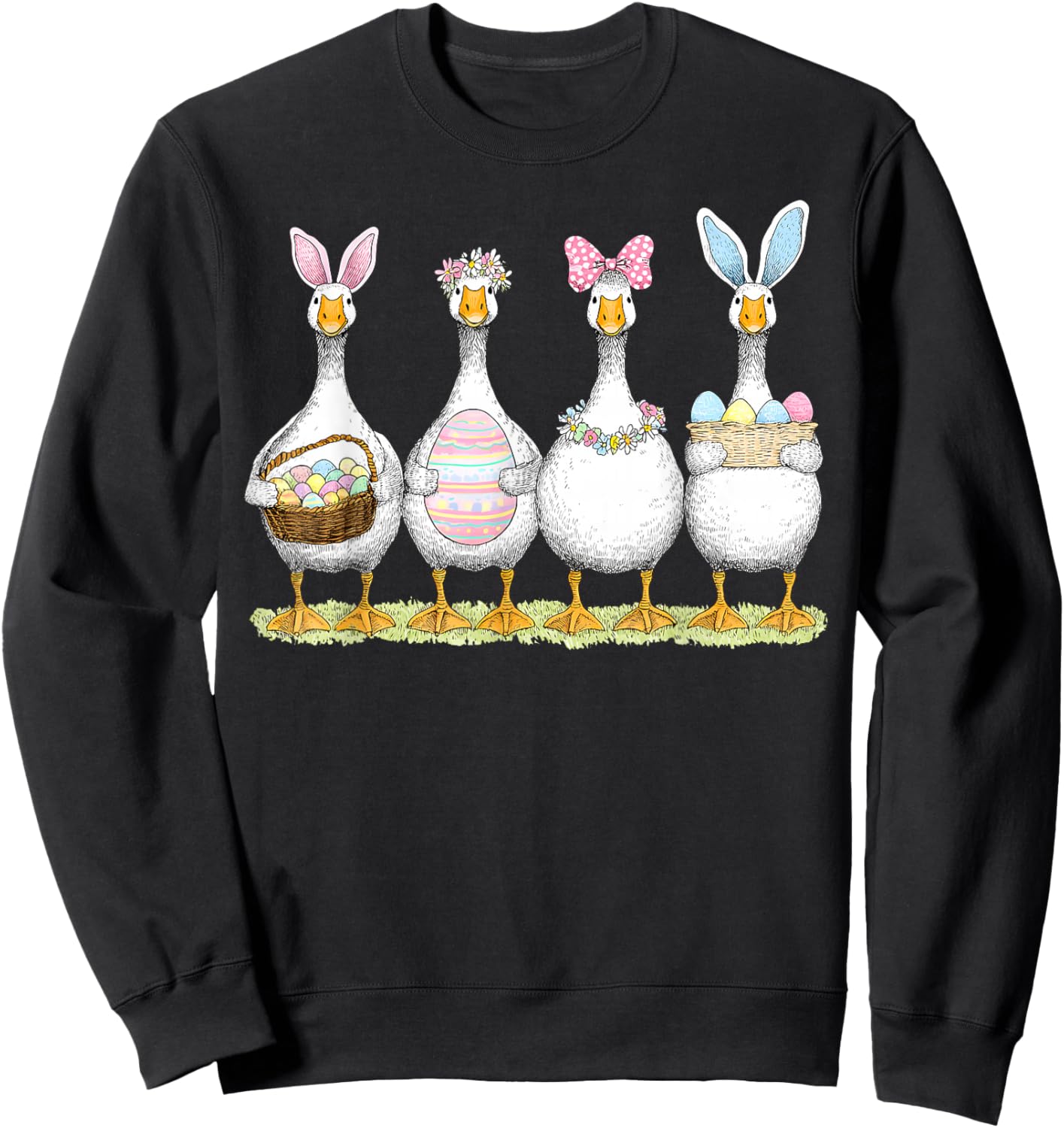 Happy Easter Cute Goose Bunny Ears Eggs Basket Girl Women Sweatshirt - Sweatshirt | Black