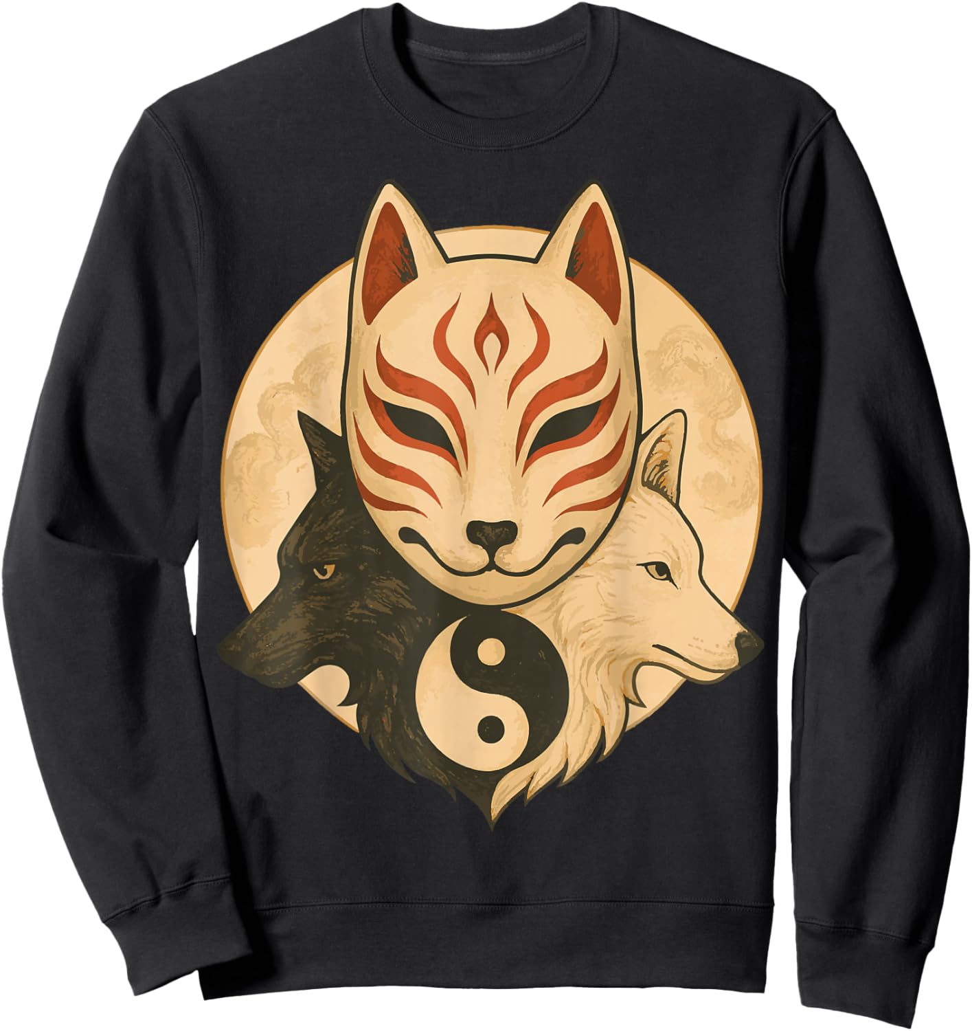Kitsune Mask Yin Yang Wolves Balance Spirit Art Sweatshirt - Sweatshirt | Black