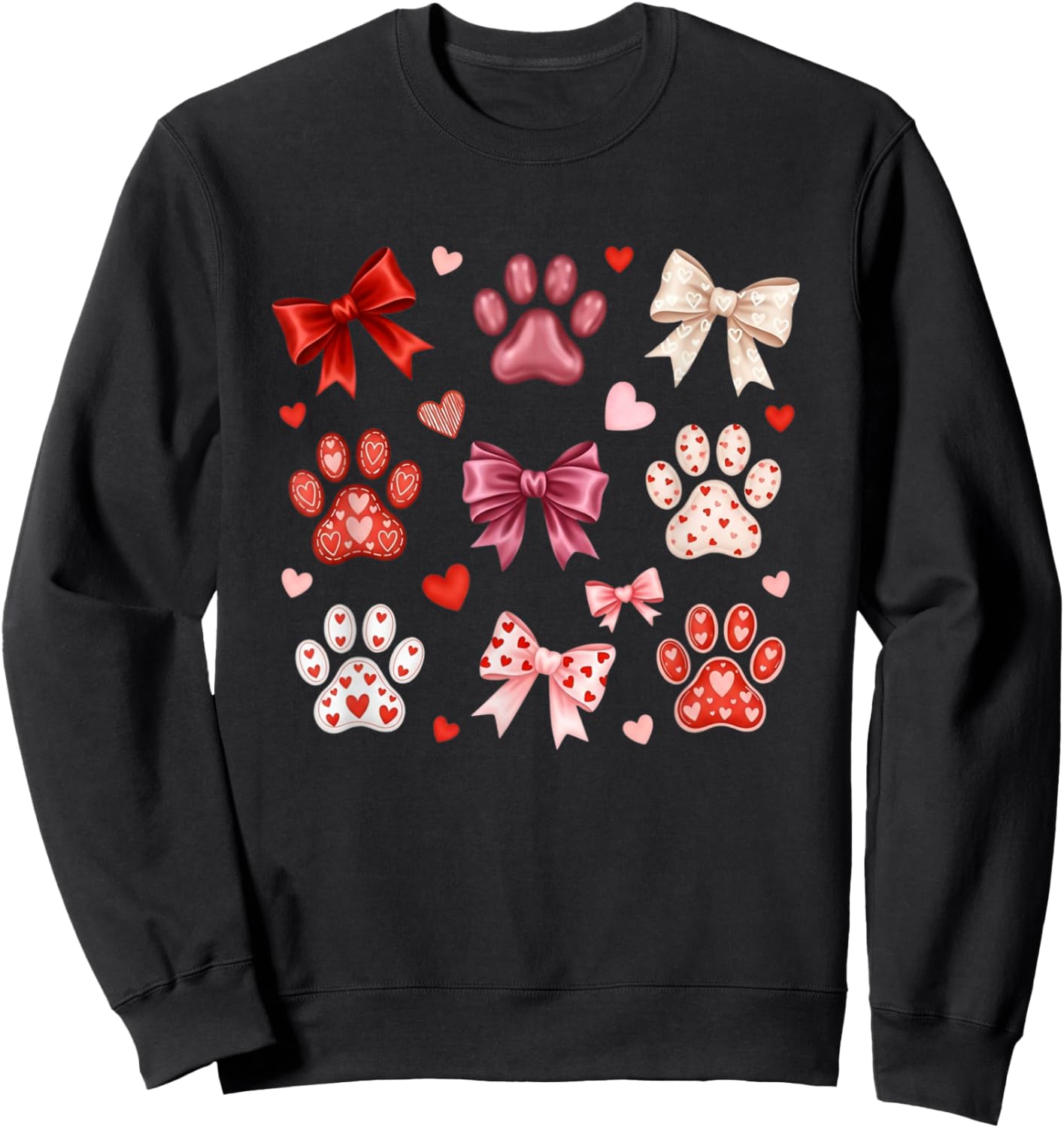 Cute Dog & Cat Paw Valentines Coquette Bow Women Girls Sweatshirt - Sweatshirt | Black