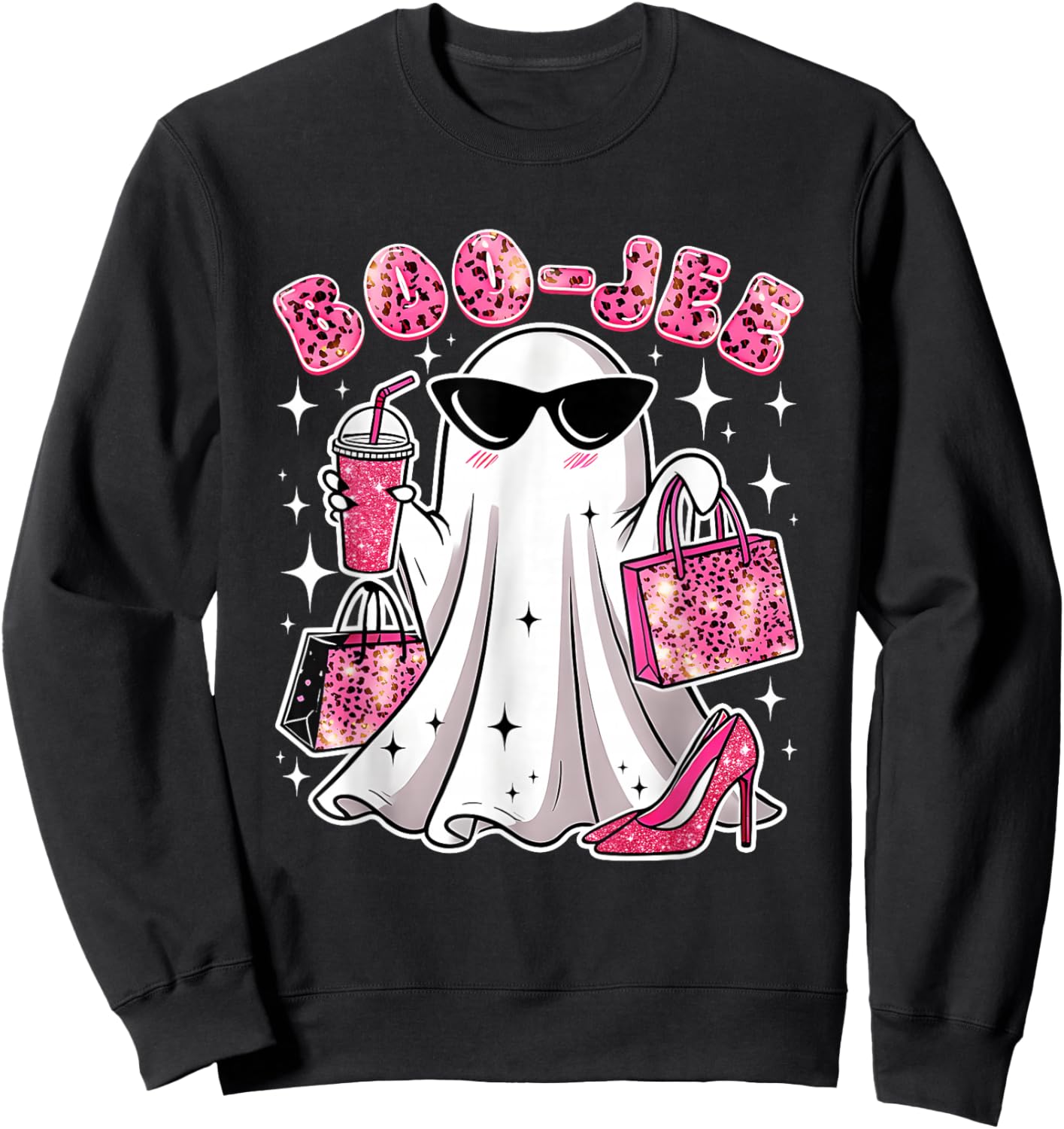 Pink Leopard Boo JEE Boujee Coffee Ghost Halloween Sweatshirt - Sweatshirt | Black
