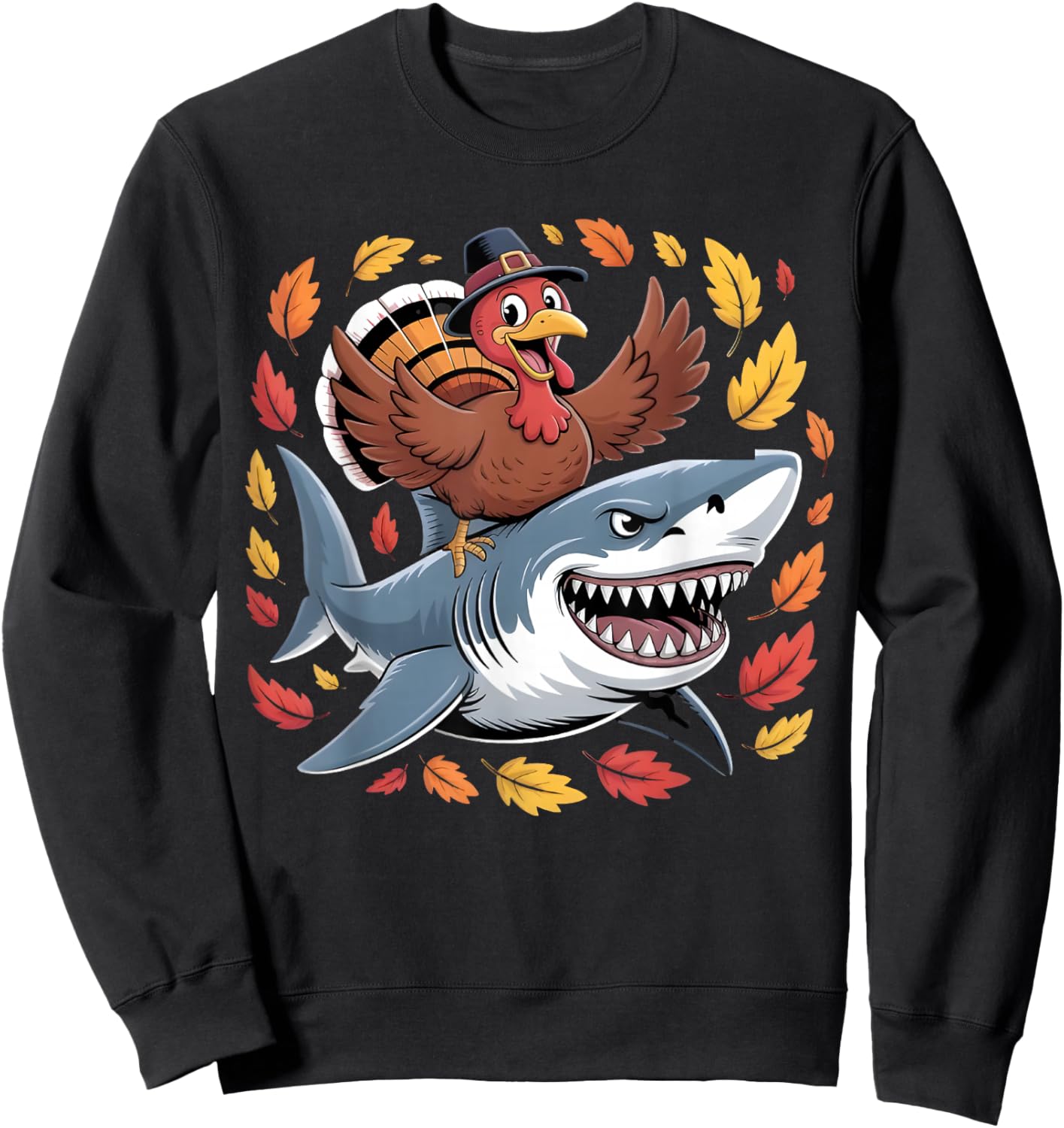 Thanksgiving Turkey Riding Shark Funny Autumn Boys Kids Sweatshirt - Sweatshirt | Black