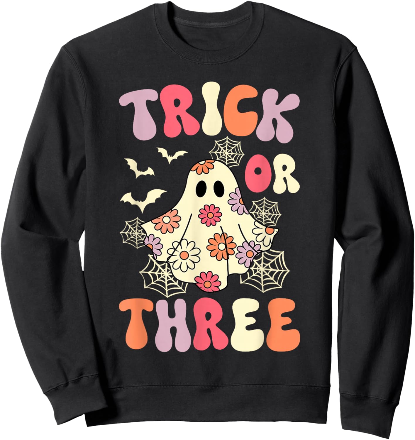 Trick Or Three 3 Years Old Birthday Groovy Ghost Halloween Sweatshirt - Sweatshirt | Black
