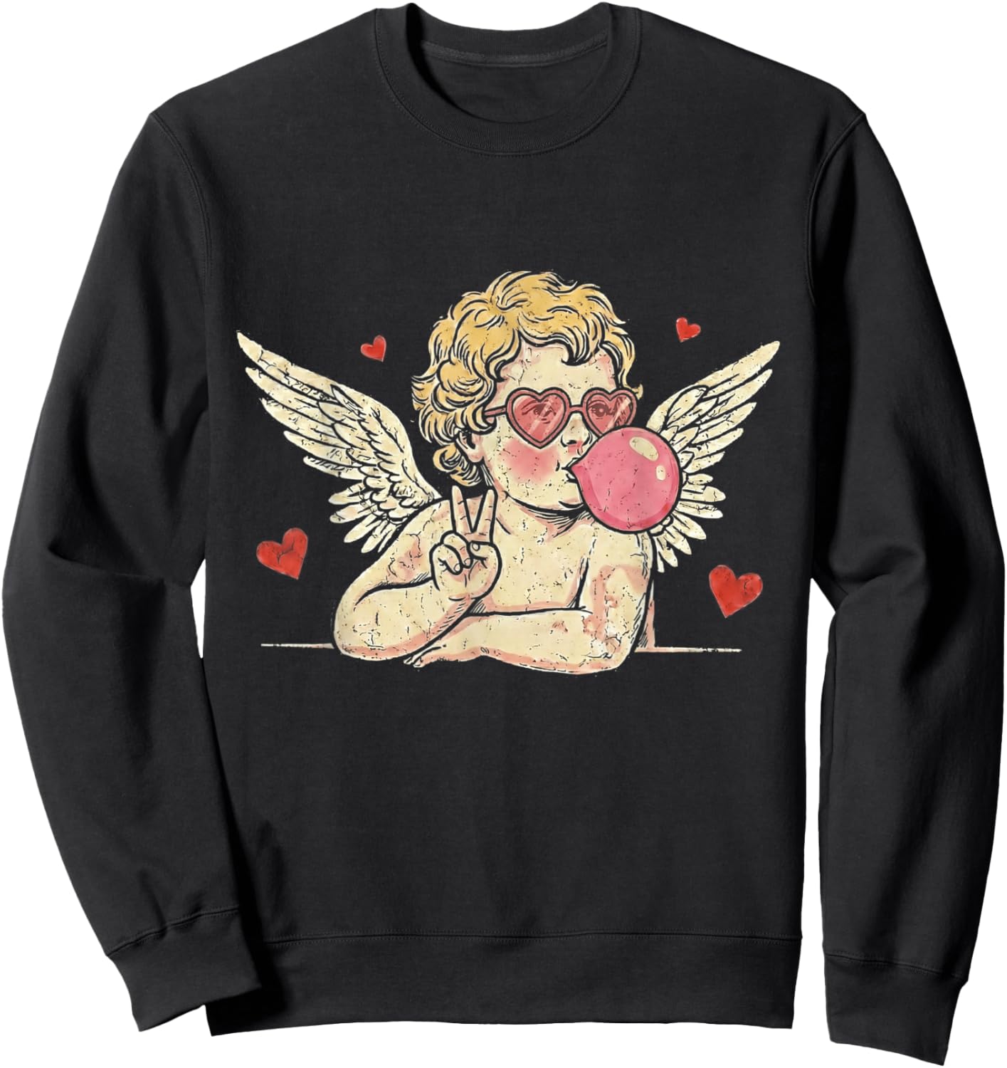Retro Vintage Valentine Day Peace Sign Cupid Blowing Bubble Sweatshirt - Sweatshirt | Black