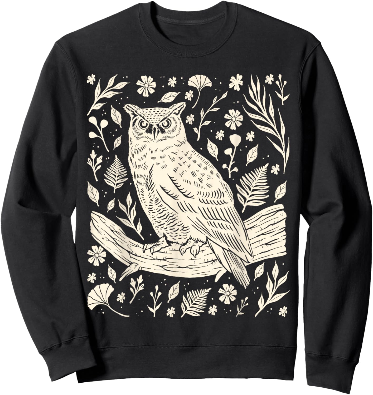 Wild Owl Linocut Bird Nature Lino Print Folk Art Forest Sweatshirt - Sweatshirt | Black