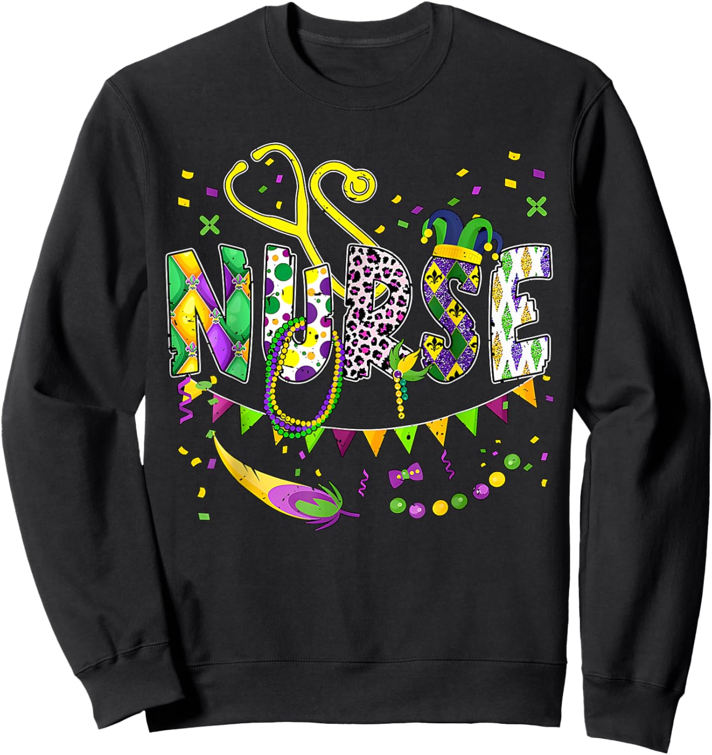 Nurse Mardi Gras Stethoscope Beads Leopard Festival Party Sweatshirt - Sweatshirt | Black