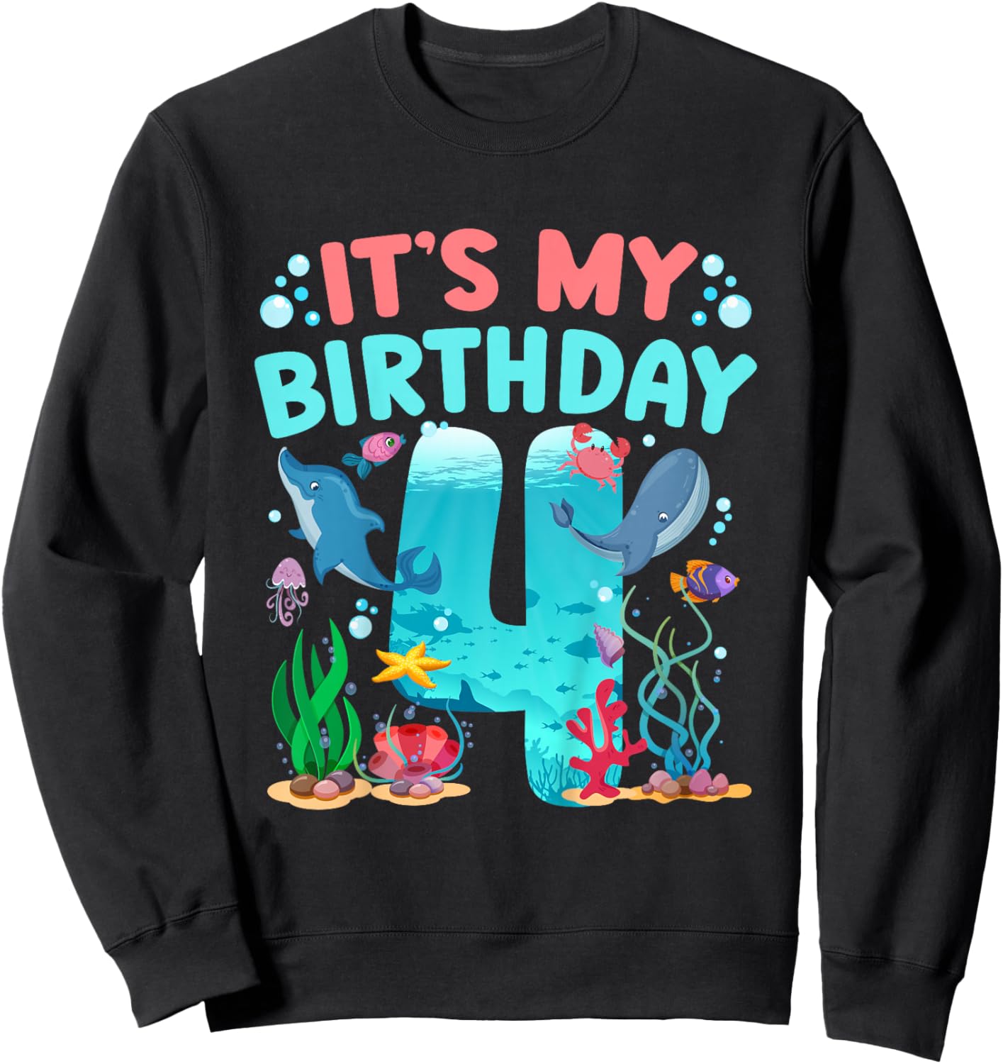 4th Ocean Birthday Party 4 Year Old Sea Animals Sweatshirt - Sweatshirt | Black
