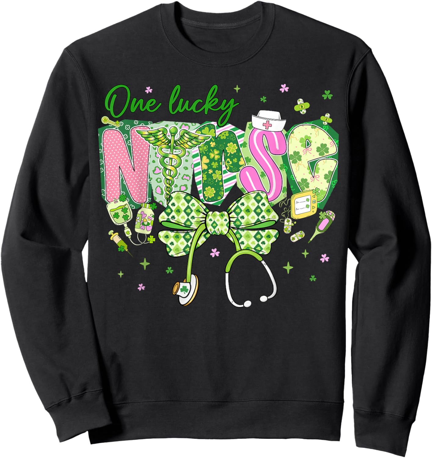 One Lucky Nurse St.Patrick's Day Coquette Bow Shamrock Women Sweatshirt - Sweatshirt | Black