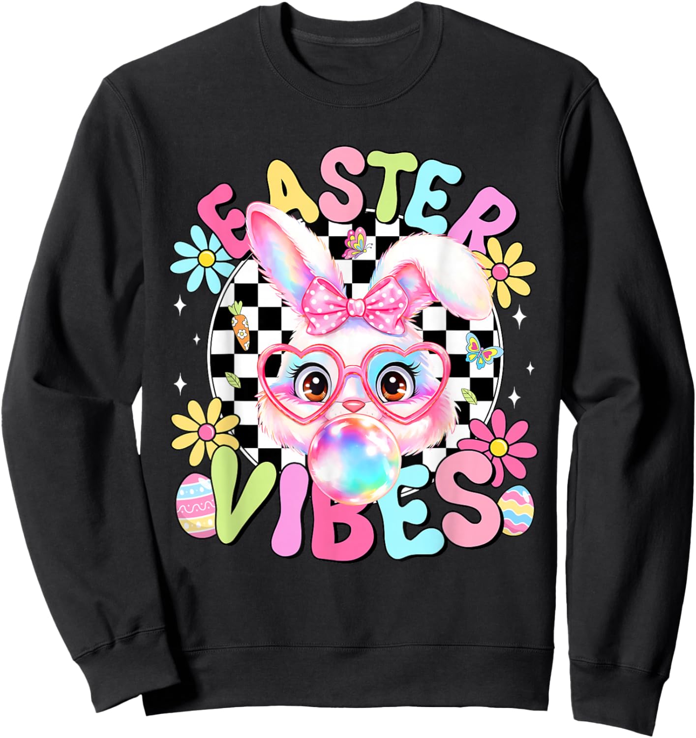 Happy Easter Vibes Cute Bunny Rabbit Bubble Gum Face Women Sweatshirt - Sweatshirt | Black
