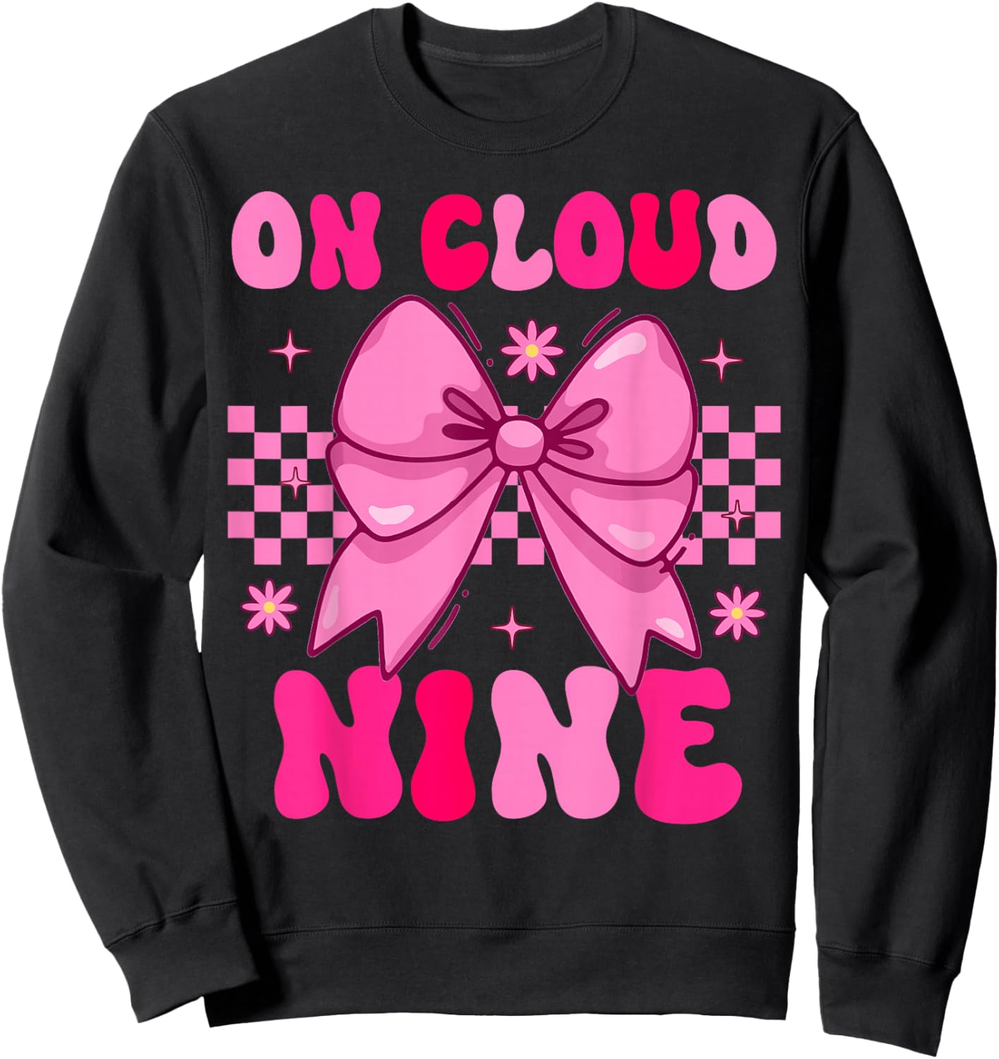 Groovy On Cloud Nine Bday 9th Birthday Girl Coquette Bow Sweatshirt - Sweatshirt | Black