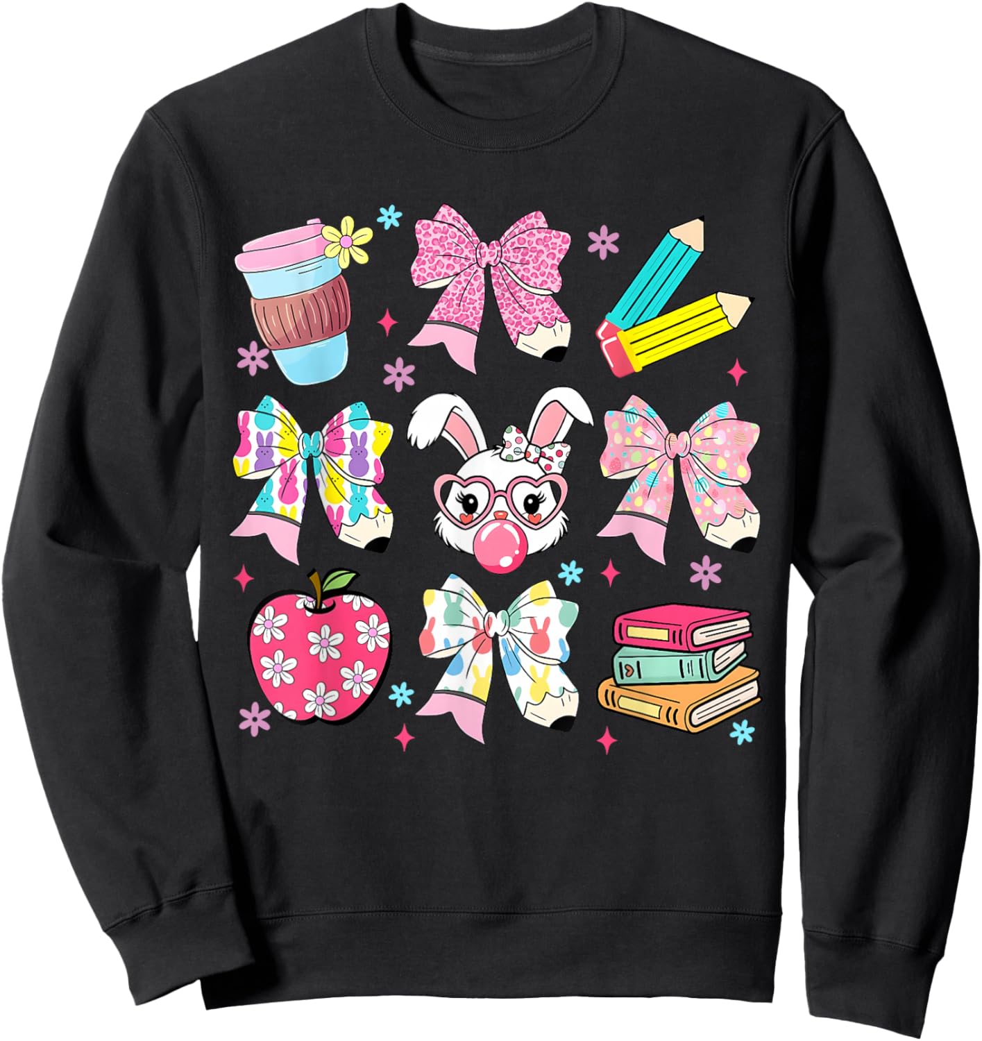 Happy Easter Teacher Bunny Eggs Coquette Bow Apple Women Sweatshirt - Sweatshirt | Black