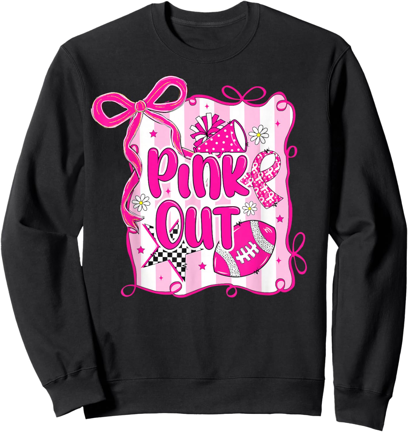 Preppy Football Pink Out Coquette Breast Cancer Cheer Mom Sweatshirt - Sweatshirt | Black