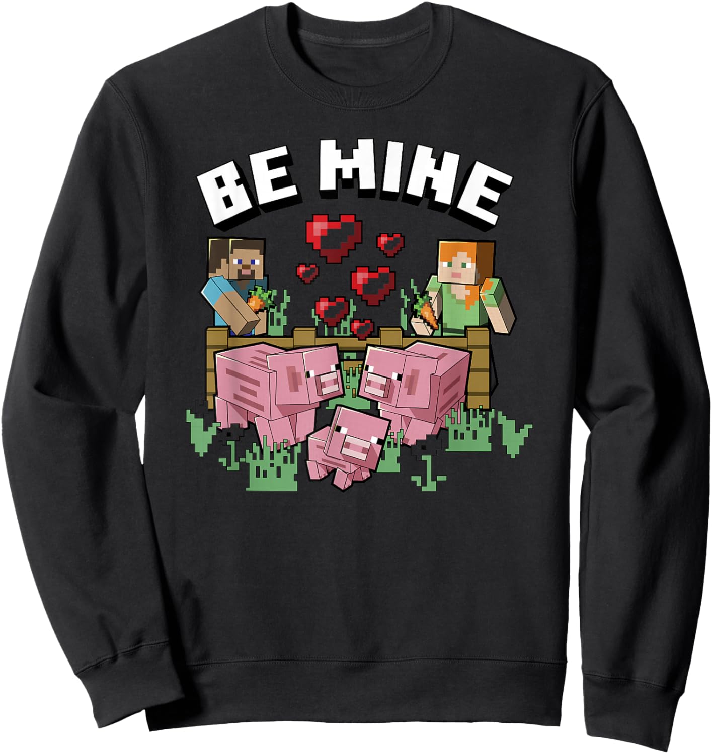 Minecraft Valentine's Day Steve & Alex Feeding Piggy Family Sweatshirt - Sweatshirt | Black