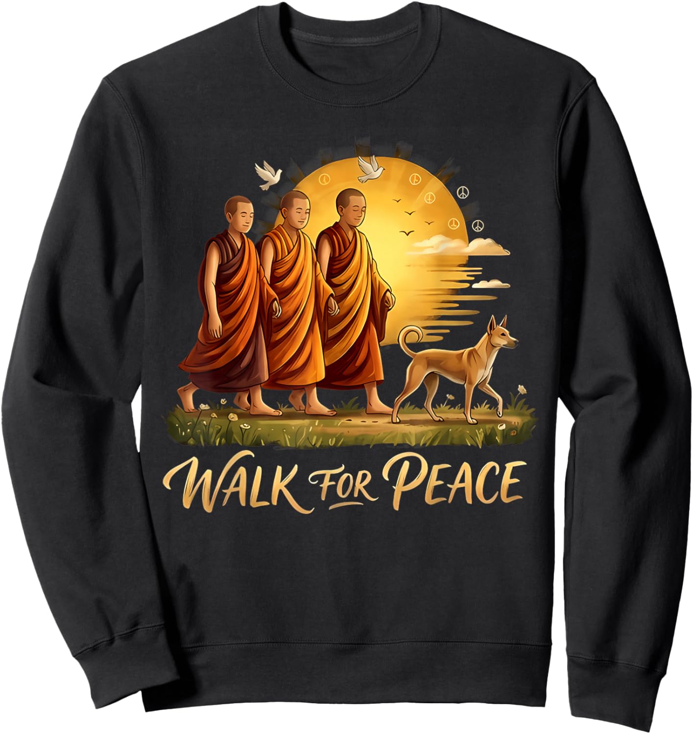 Walk for Peace Monks with Aloka Dog Sunset Peace Sign Art Sweatshirt - Sweatshirt | Black
